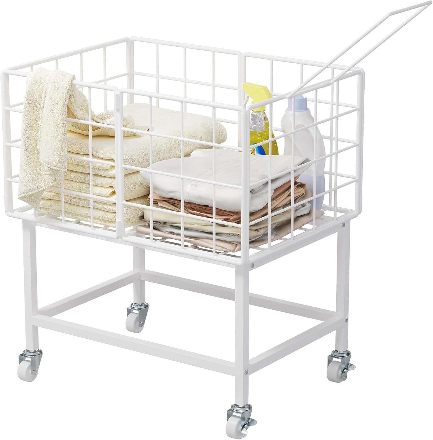 WOWLIVE Rolling Laundry Hamper with Wheels, 80L Heavy Duty Laundry Basket with Handle, Metal Wire Frame Laundry Cart, Dirty Clothes Hamper Organizer Dorm Room Storage for Bedroom, Bathroom, White