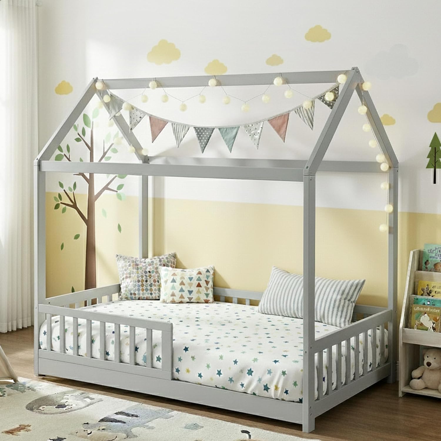 Artiss Single Bed Frame Day Beds Montessori Baby Toddler Kids Toddler Loft Floor Daybed Platform Wooden Timber Frames Base Bedroom Room Decor Home Furniture Grey, Modern Design