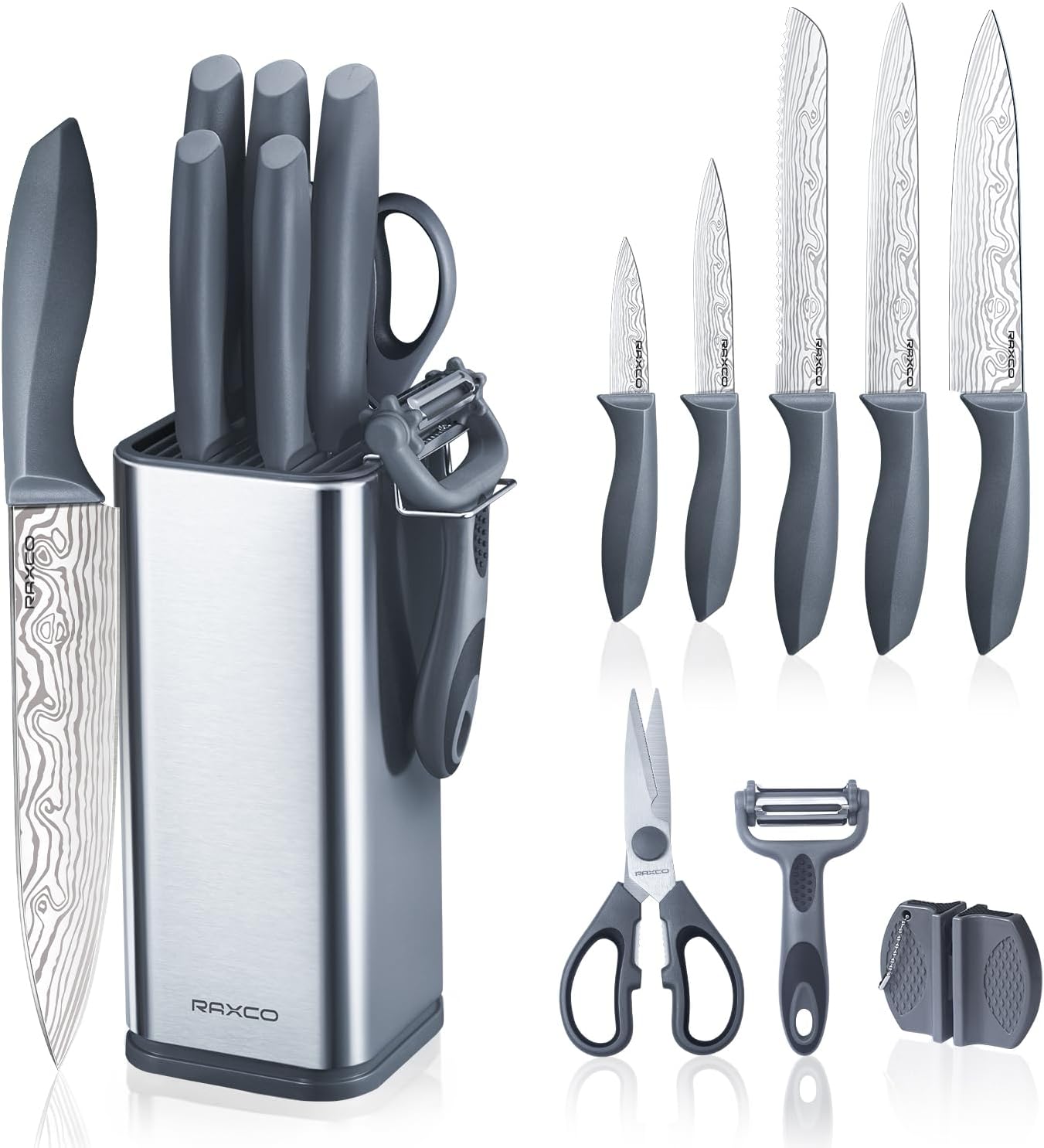 RAXCO 10-Piece Kitchen Knife Set | Stainless Steel Holder | Compact Design - Gray | Pro-Sharpened Kitchen Knives,Space-saving Compact Organizer for Small Kitchen,RV,Apartment and Dorm