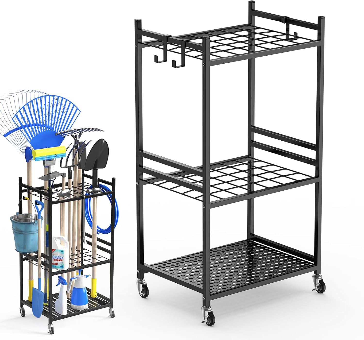 Garden Organizer With Wheels, Yard Tool Rack for Garage Organization and Storage, Metal Steel Holder with Hooks, Garden Tool Stand for Shed, Basement, Outdoor, Yard, Black 43 * 30 * 80Cm