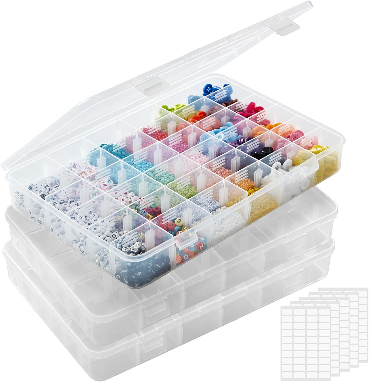 Lifewit 3Pack 36 Grids Clear Stackable Plastic Organizer Storage Box Container with Adjustable Dividers for Beads, Art DIY, Crafts, Jewelry, Fishing Tackle with 5 Sheet Label Stickers