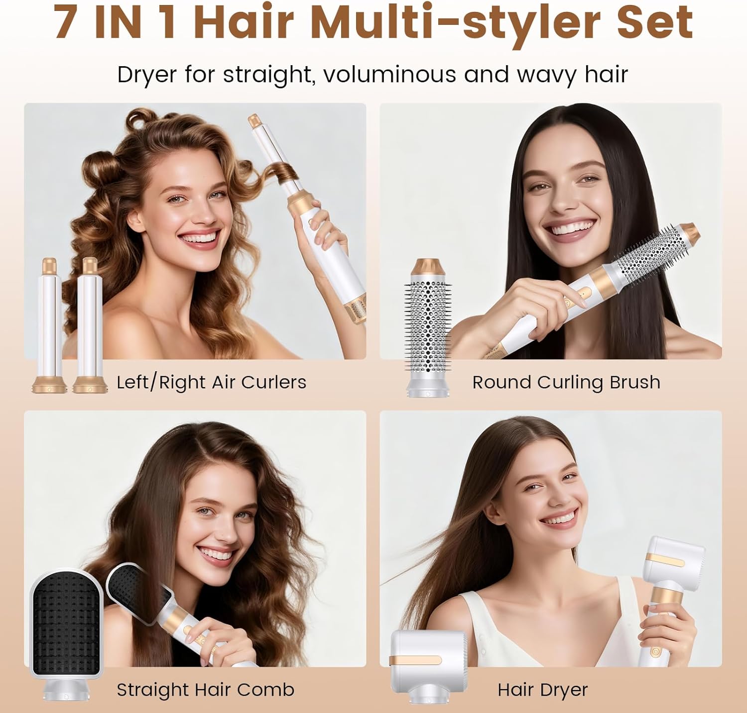7 in 1 Hair Styler for Travel: Multifunctional Air Wrap Hair Styler, High Speed Negative Ionic Hot Air Brush for Styling, Curling, Volumizing, Straightening, Detachable and Interchangeable Hair Styling Tools for All Types, High-Speed Hair Styler Kit, Anti-Frizz, Compact Design Women Men Gift (Premium White Gold)