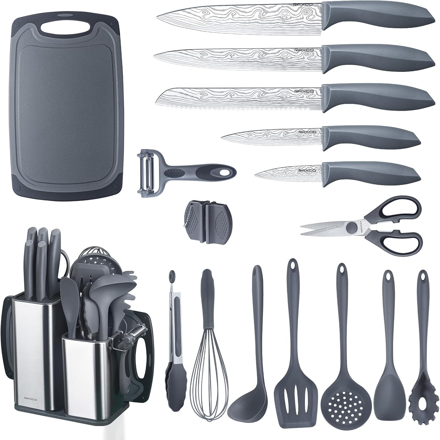 RAXCO 18 Pieces Kitchen Set-7 Cooking Utensils Set,5 Knife Block Set,6 Spatula Set (Black) | 7-Piece Kitchen Utensils Heat-resistant to 410°F,5-Piece Sharp Knife,5-Piece Cooking Tools and Cutting Board In One
