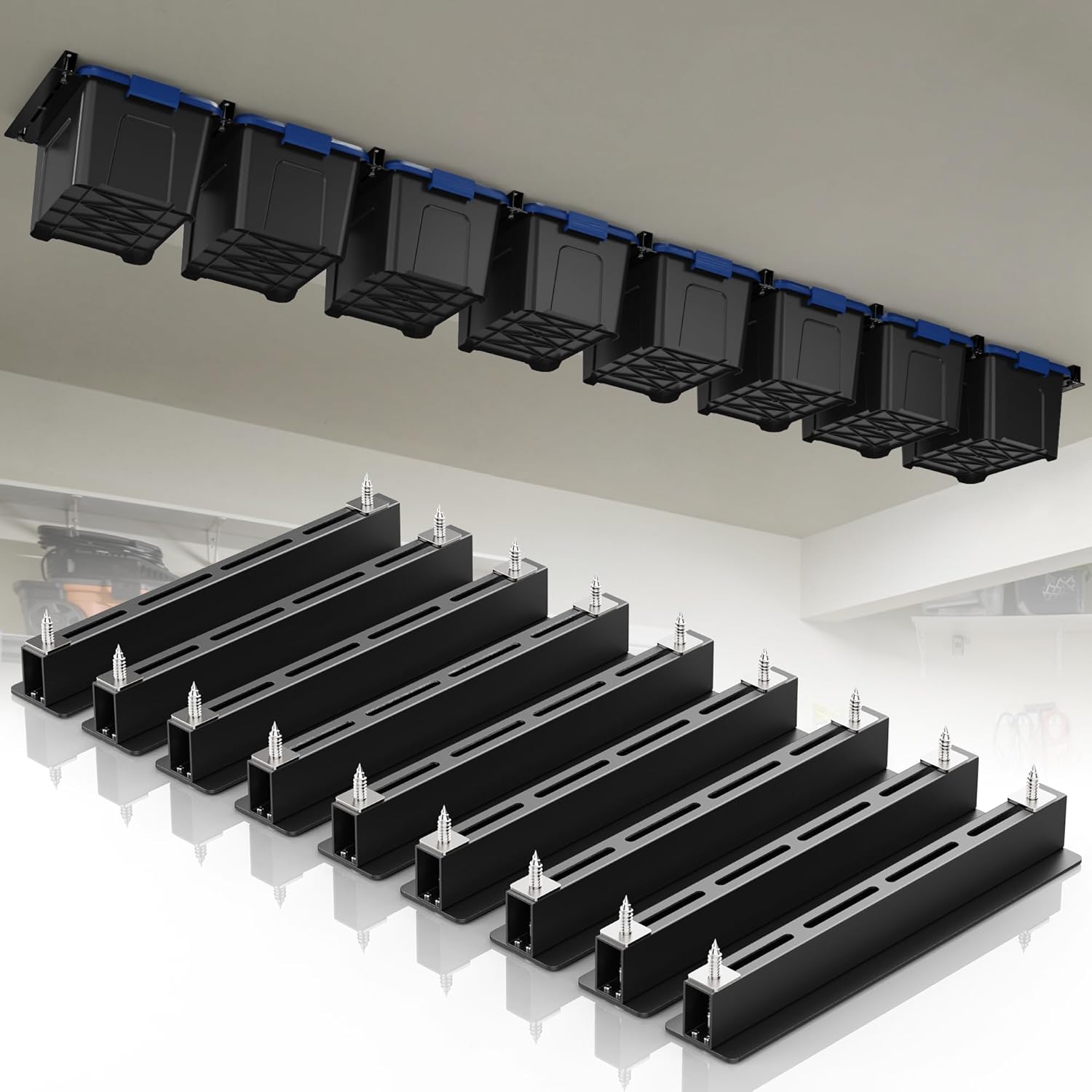 WooFog Overhead Garage Storage Rack, Garage Ceiling Storage Racks, Heavy Duty Storage Bin Ceiling Rails for 27 Gallon Totes，Tote Storage Rack System -Black (9 Sets for 8 Bins)