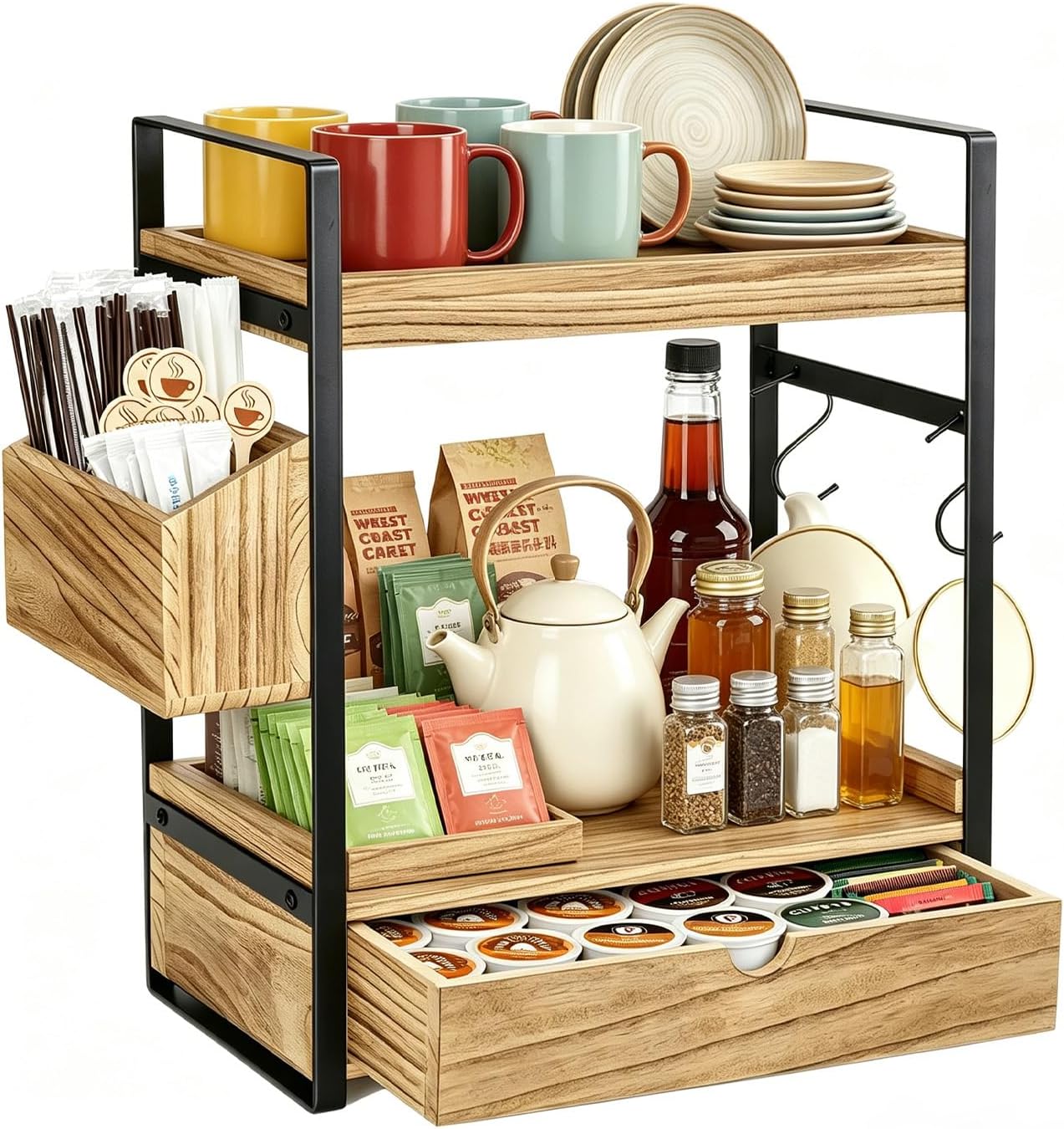 Coffee Station Organizer with Drawer & 2 Mug Hooks, Carbon Steel Wood Countertop Coffee Bar Storage Rack Kitchen Countertop Organizer with Accessory Box for Kitchen Office Coffee Pod Tea Organiser