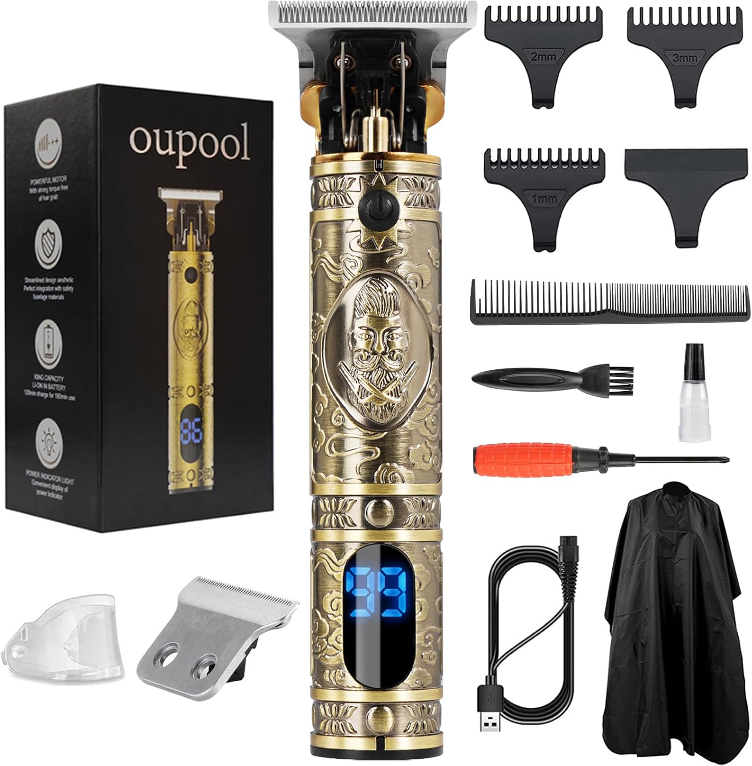 Hair Clippers Trimmer for Men,Hair Beard Body Arm Professional Electric T Blade Liners Outline Edgers Shaver 0mm Bald Zero Gap Grooming Kit LED Low Noise Cordless Rechargeable with Guide Combs(Gold)