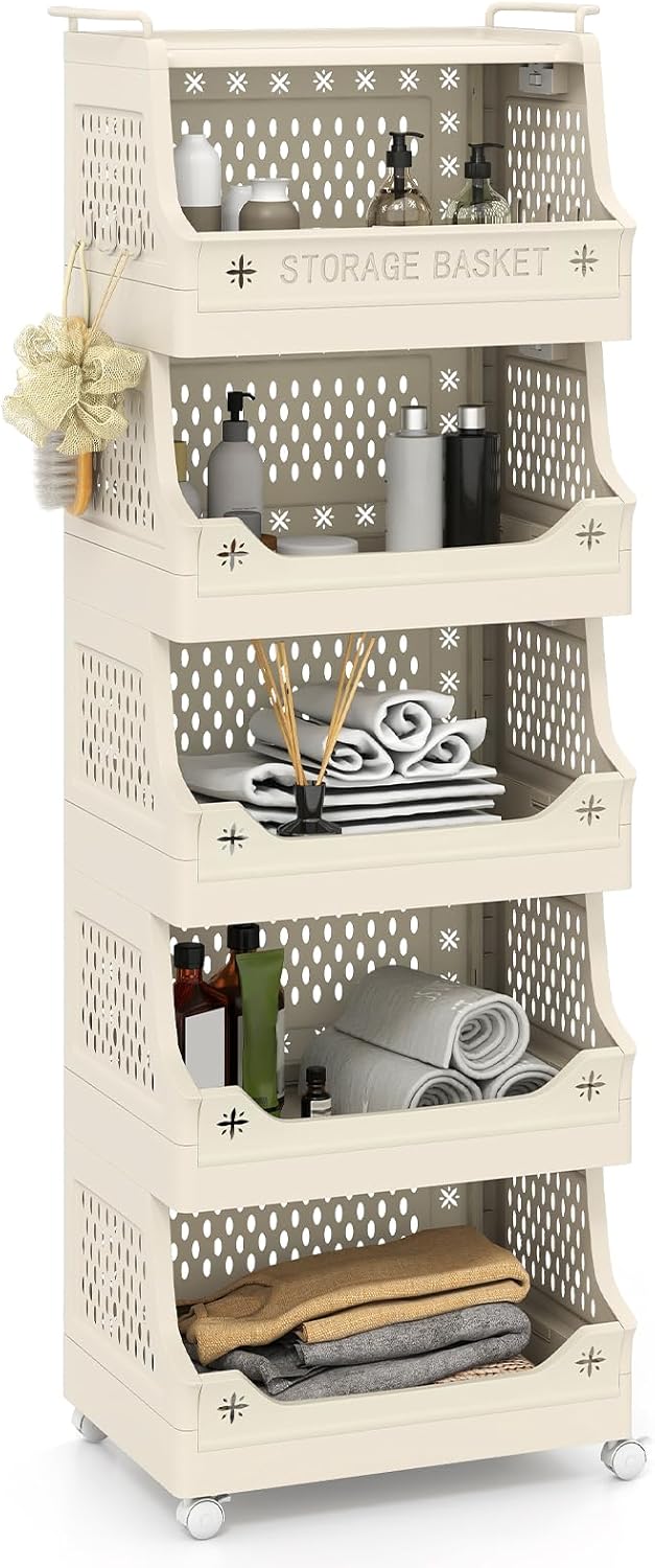 Giantex Rolling Laundry Basket with Wheels, Stackable Plastic Storage Cart with Handles & Hooks, Open Dirty Clothes Organizer for Laundry Room, Bathroom, Living Room, Kitchen (6-Tier)