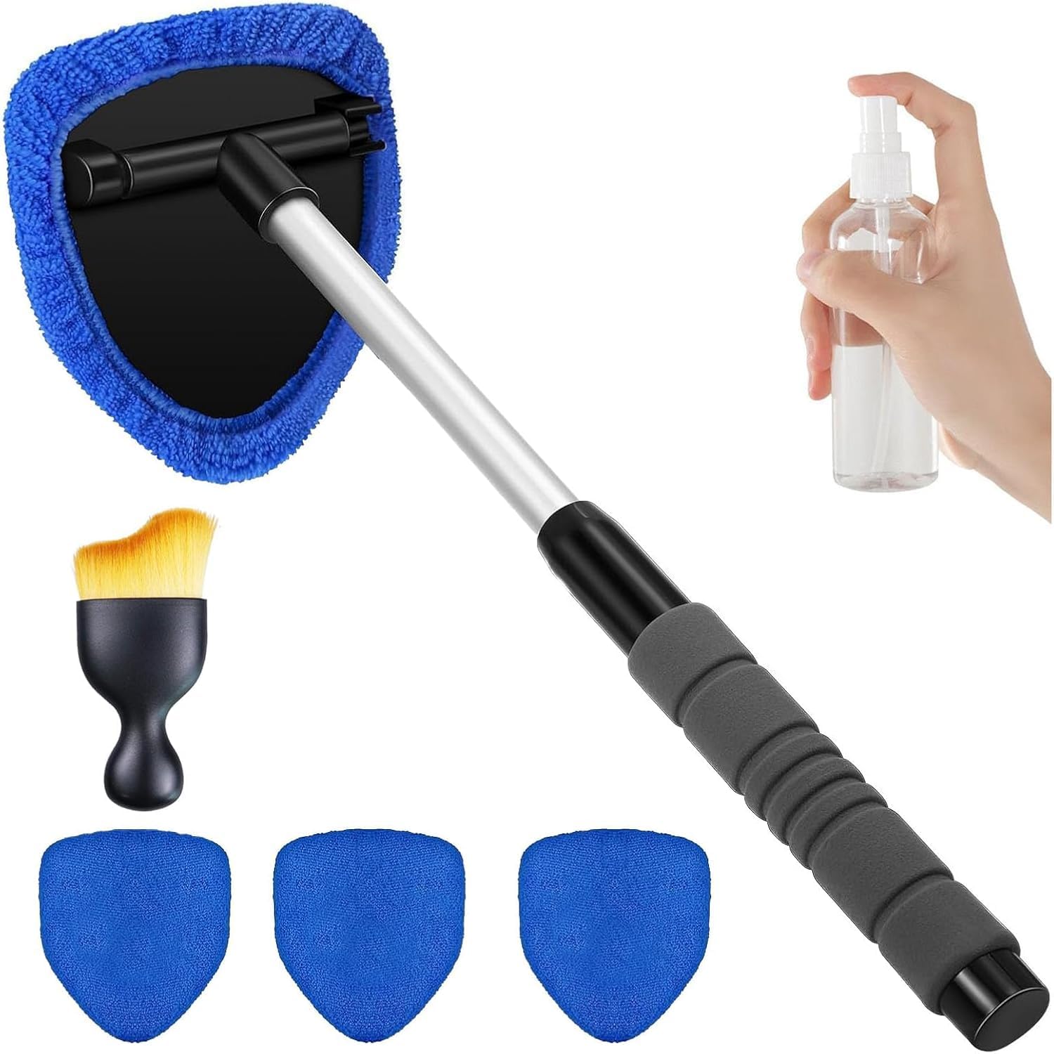 Car Window Cleaner Kit with Interio Brush -180° Rotating Head Extendable Windscreen Cleaner Tool Inside & Outside,4 Reusable Washable Pads for SUV RV Truck Car Demister&Dash Cleaning Office and Home