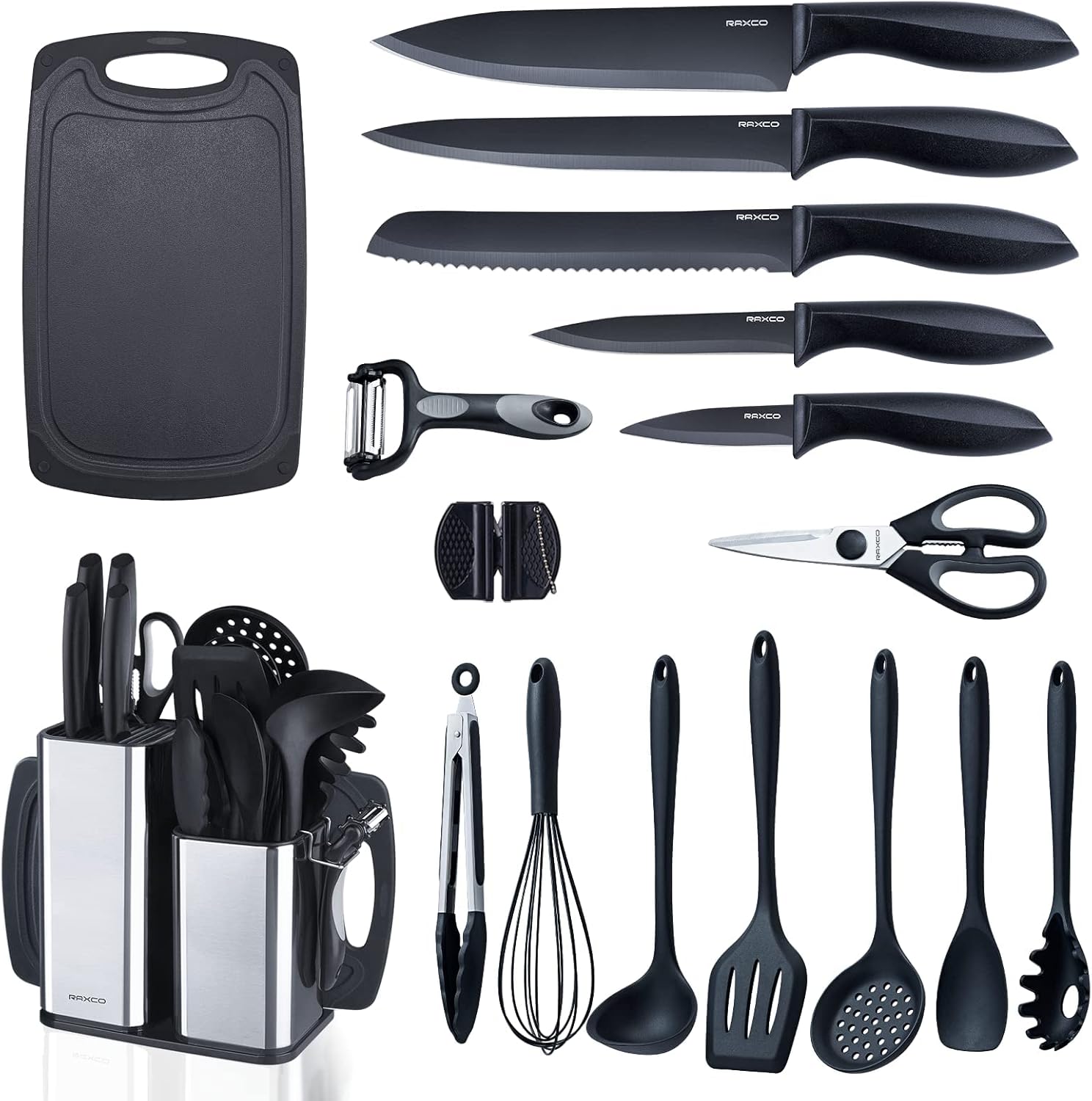 RAXCO Kitchen Knife Set with Kitchen Utensils,18 Pieces Knives Set for Kitchen with Cooking Utensils | Food-grade Silicone Heat-safe to 410°F, Detachable Stainless Steel Holder, 5 Kitchen Knives and Cutting Board All-in-one