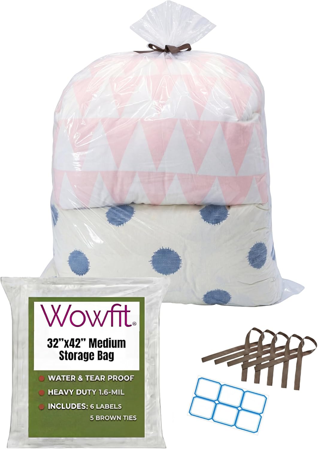 Wowfit 5 CT 32x42 inches Clear Jumbo Storage Bags Perfect for Dustproof, Moistureproof, Blanket, Duvets, Pillows, Big Plush Toys, Comforter and More (Include 5 Ties, Large Bags are 1.6 Mil, Flat)