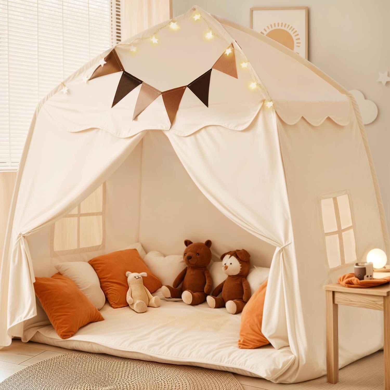 Extra Large Kids Play Tent, Portable Foldable Teepee with Flags & Mat, Indoor Outdoor Dome Tent Playhouse, Playhouse for Boys and Girls Aged 3+, Kid Tent with Mat Washable