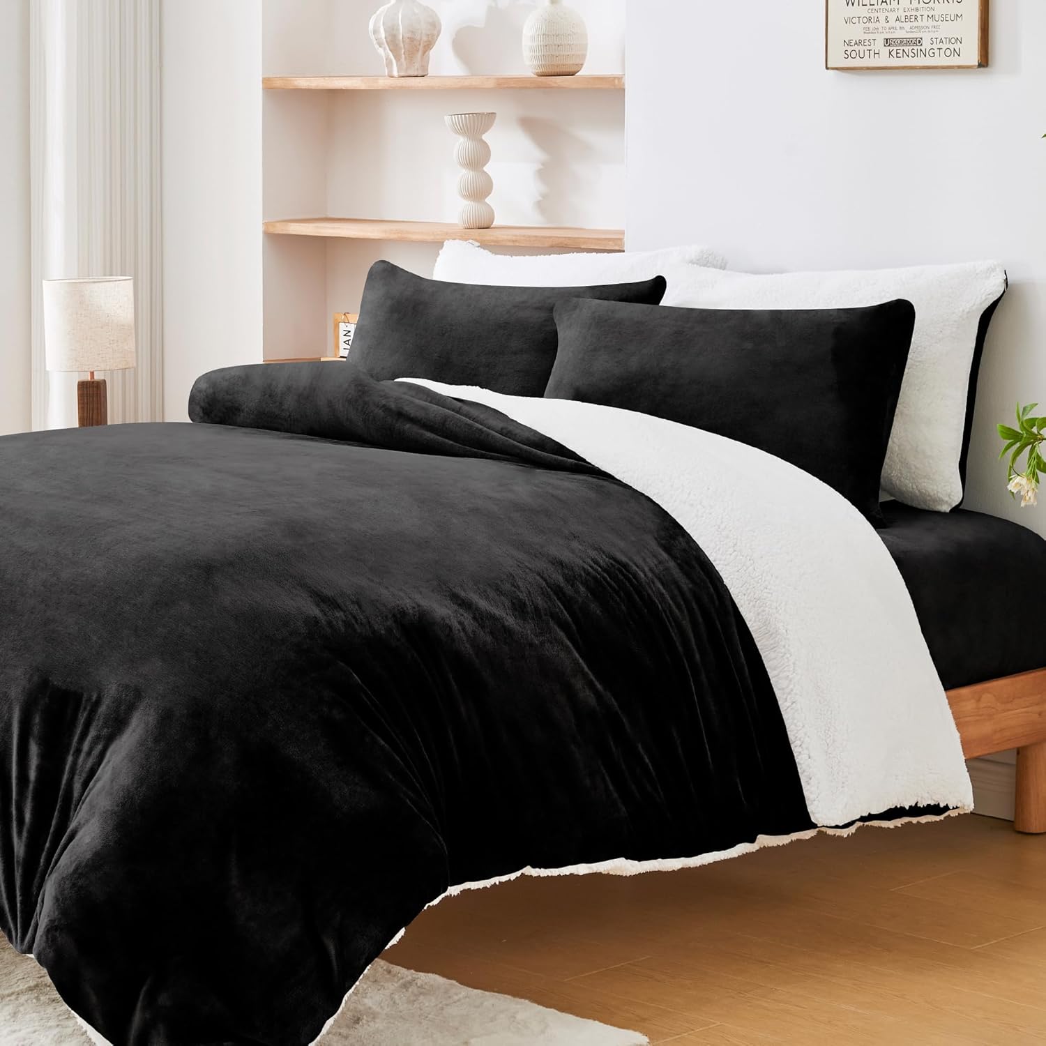 LINENOVA Dual-Sided Teddy Fleece Flannel & Sherpa Quilt Cover Set, Ultra Soft & Warm Reversible Queen Size Duvet Cover, Doubles as a Standalone Blanket with Zipper Closure (3 Pieces, Black)