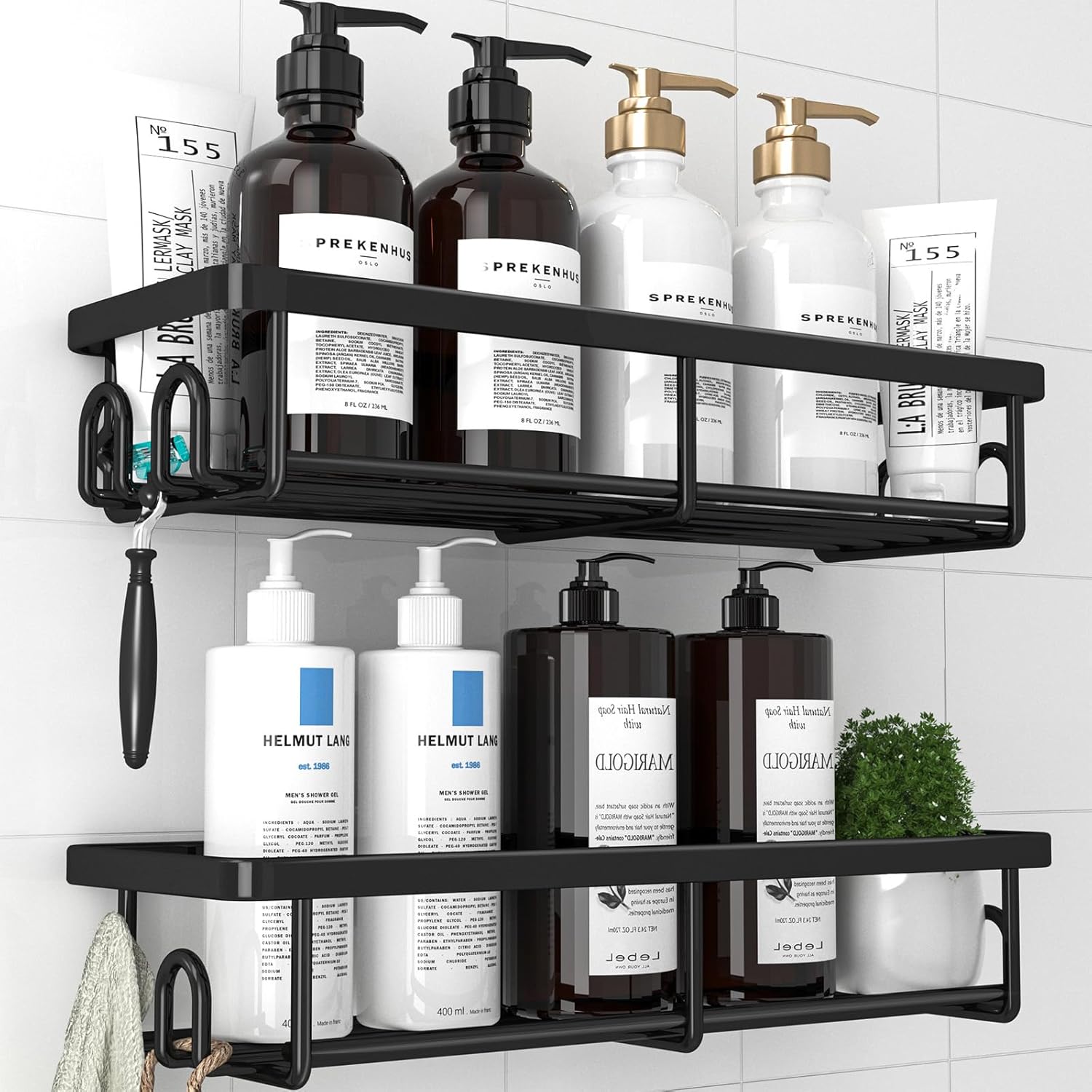 Kitsure Shower Caddy - 2 Pack Rustproof Stainless Steel Bathroom Organiser, Wall-Mounted Shower Shelf with 4 Hooks for Bathroom Storage, Minimalist Style, Large Capacity, 10.0 x 29.5 x 5.5 cm, Black