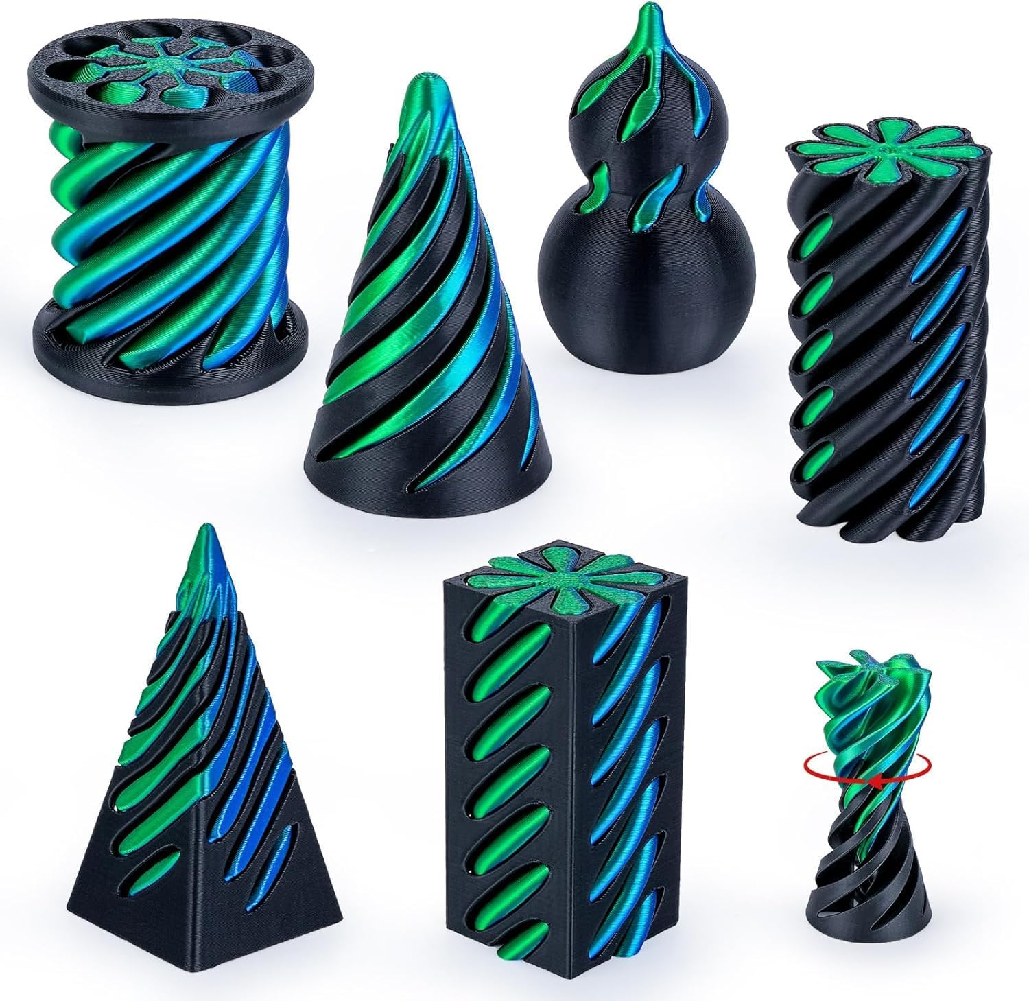 6 Pack 3D Printed Spiral Fidget Gadgets for Adults, Impossible Cone and Pyramid Passthrough Desk Sculpture, Optical Illusion Sensory Tools for Office Focus and Stress Relief, Black & Green
