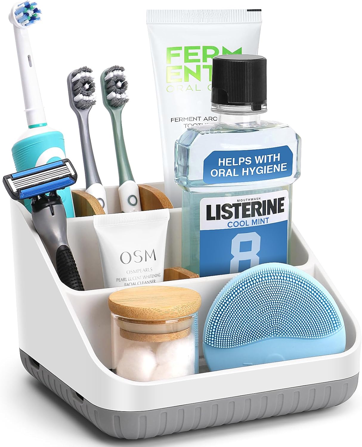 Electric Toothbrush Holder for Bathroom, 6 Slots Bathroom Countertop Organizer Compartment for Kids Family, Toothpaste Holder for Bathroom Vanity Organizer Storage White
