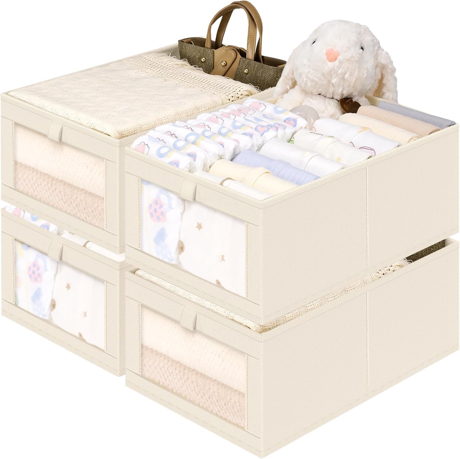 4 Pack Linen Wardrobe Organiser - Foldable Closet Storage Bins with See-Through Window, Large Capacity for Bedroom, Home Organisation (42L x 27W x 17H cm)