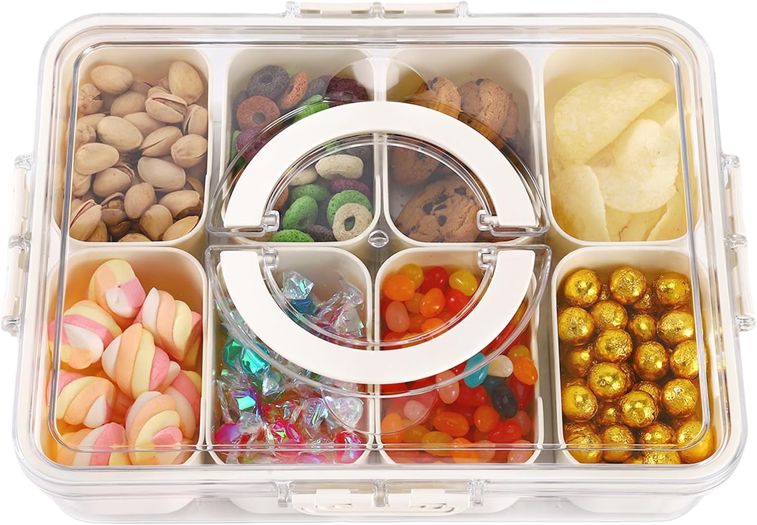 Feshory 1 Pack Snack Box 8 Compartment with Airtight Lid & Handle (Not for Dishwasher) - Divided Serving Tray Platter with Airtgiht Buckle Lock, Snackle Box for Food, Fruits, Candies, Nuts, Spices