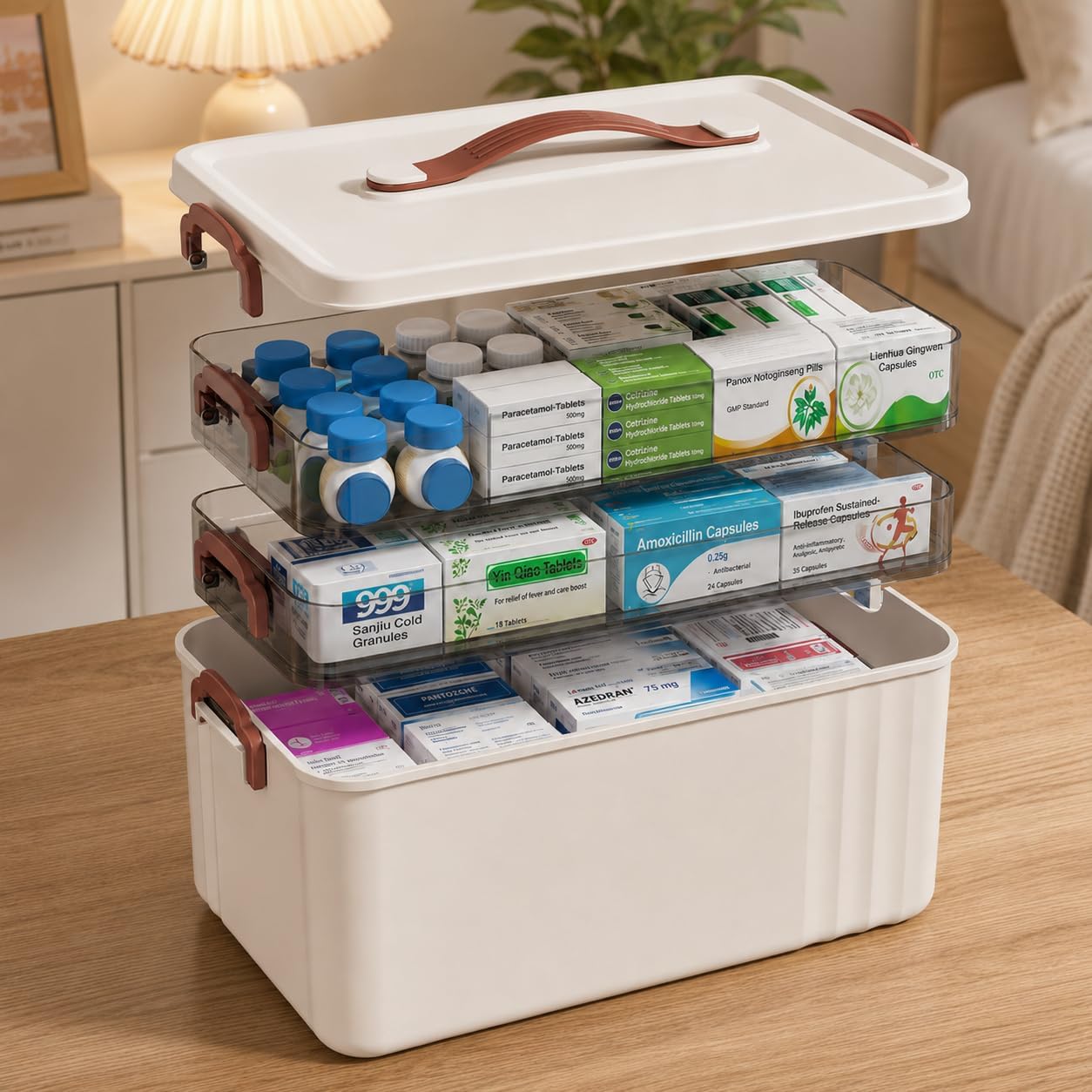 3-Tier Medicine Storage Box, Large Capacity Portable Medicine Cabinet with Leather Handle, First Aid Kit for Home Multi-Purpose Storage Container for Medicine, Cosmetics,Household Essentials