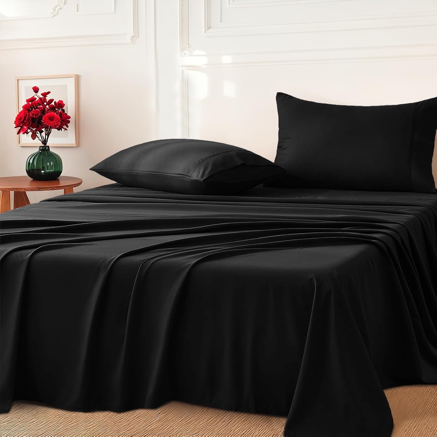 King Single Size Bed Sheet Set - 3PCs (Fitted Sheet, Flat Sheet, Pillowcase) - 1000TC Ultra Soft Microfiber Breathable Bedding -Luxury Hotel Style, Black-1