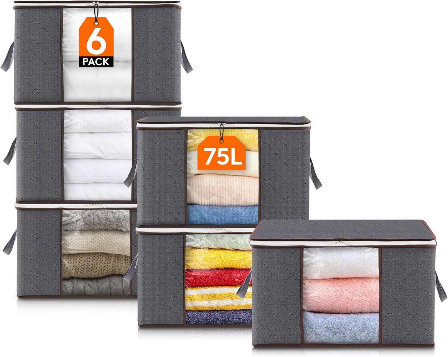 Lifewit 6 Pack Large Clothes Storage Bags Boxes with Lids, 75L Wardrobe Storage Organiser Packing Boxes for Moving House with Reinforced Handle Thick Fabric for Clothing Towel Blanket Bedding, Gray