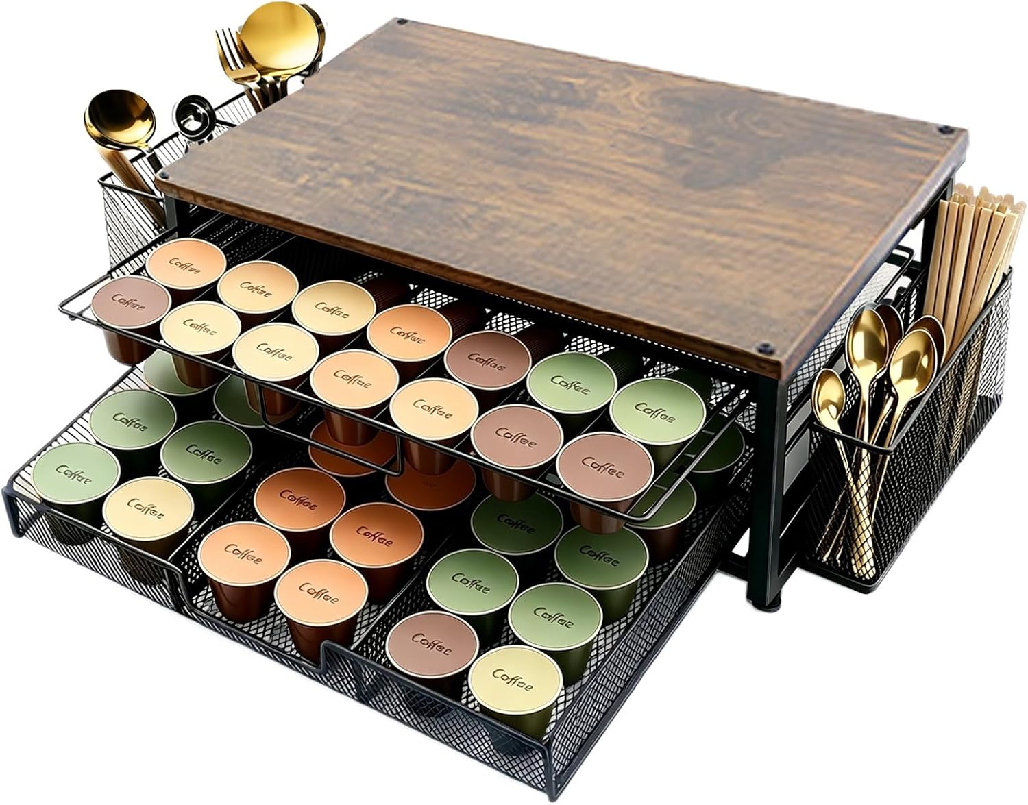 Coffee Pod Holder Storage Drawer,Large Capacity Metal Coffee Bar Organizer,2 Tier Sliding Pod Storage Drawer with Sides Baskets for Home,Office,Kitchen,Bar Accessories