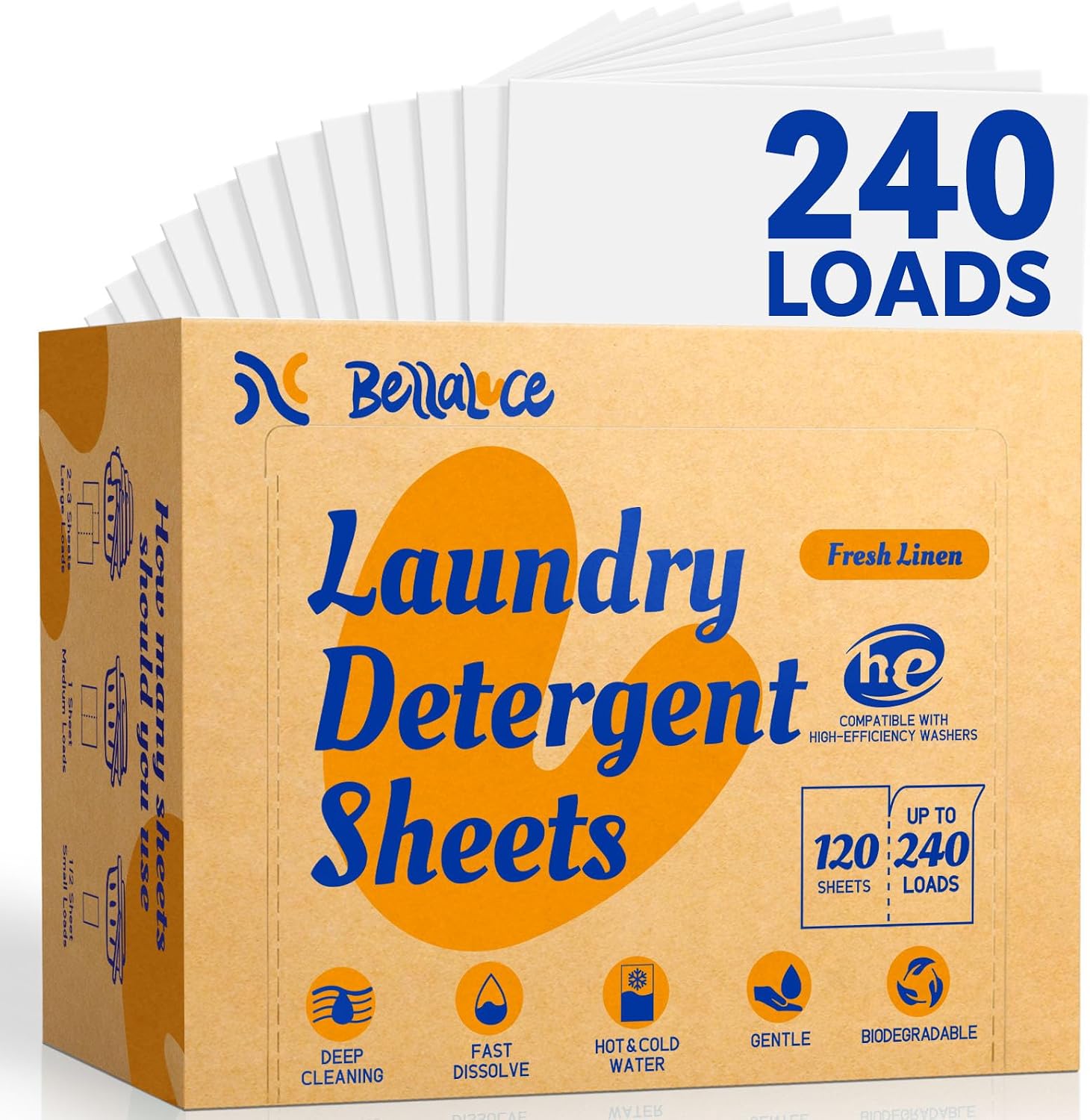 BellaLuce Laundry Detergent Sheets - Laundry Sheets, 240 Loads, Eco-Friendly, Plastic-Free, Fresh Linen Scent, Space Saving, Fast Dissolve & Hypoallergenic, Laundry Detergent for Home,Dorms,Essentials