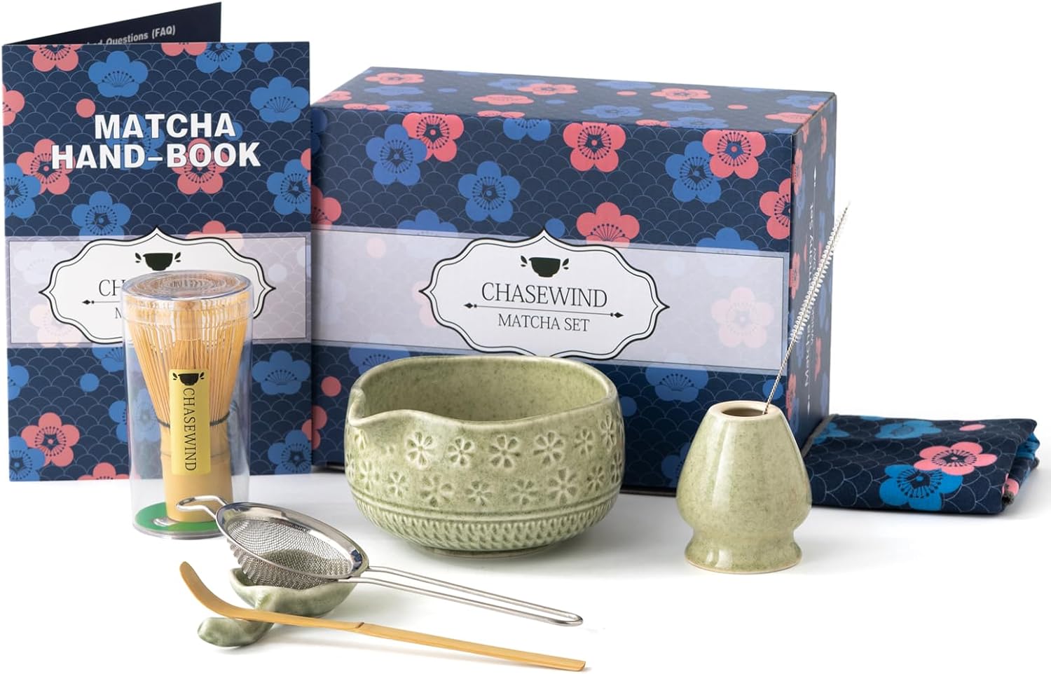 Matcha Whisk Set, 8 Pcs Matcha Kit Set with Cherry Design Matcha Bowl, Bamboo Whisk and Holder, Scoop, Scoop Rest, Sifter, Brush and Tea Towel - Ceramic Matcha Set for Matcha Lovers (Mottled Green)