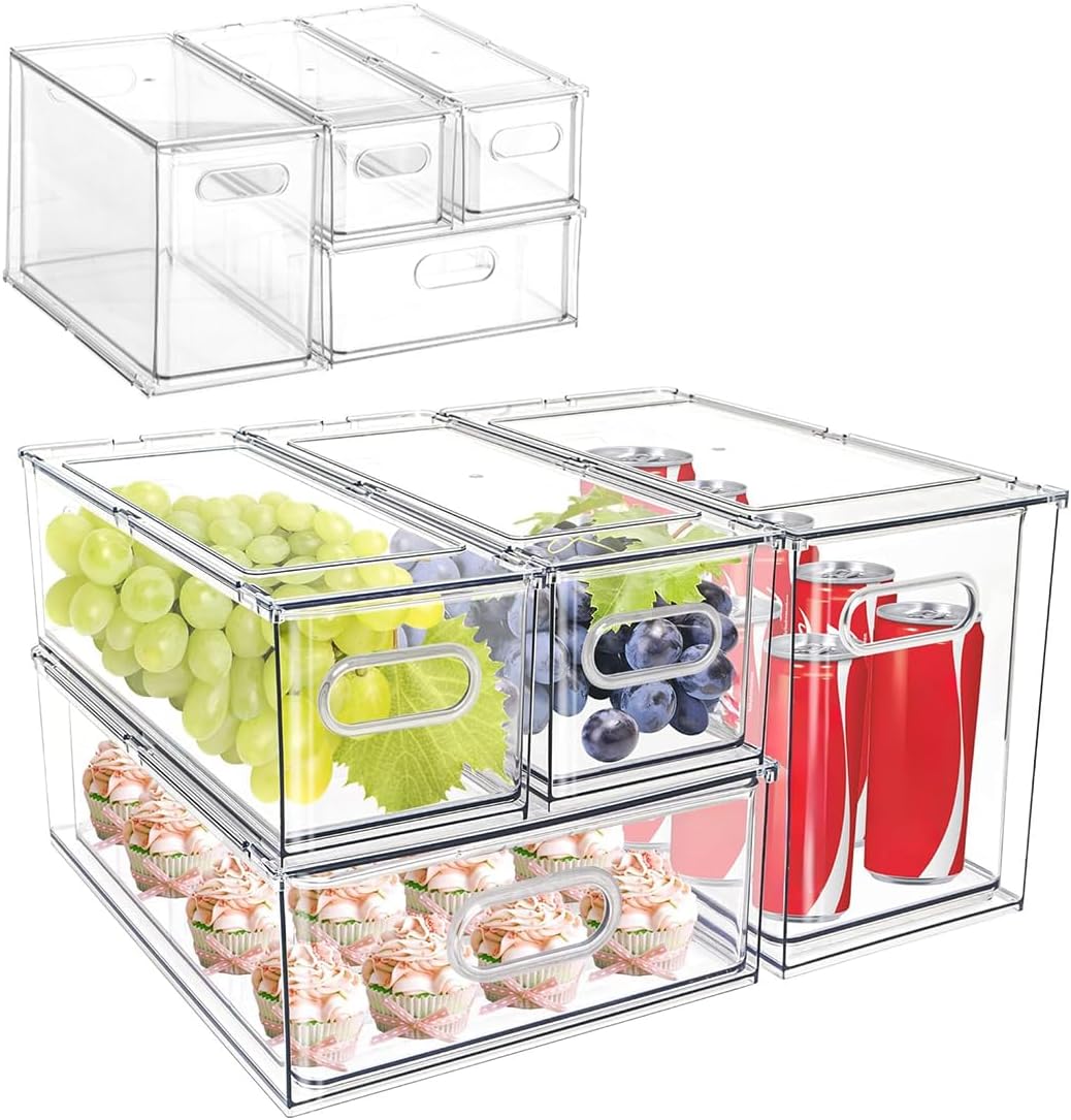 4 Pack Fridge Organizers and Storage,Clear Stackable Fridge Drawers,Pull Out Fridge Organizer,Refrigerator Organizer Bins with Dividers,Food Storage Containers for Fruit and Vegetable