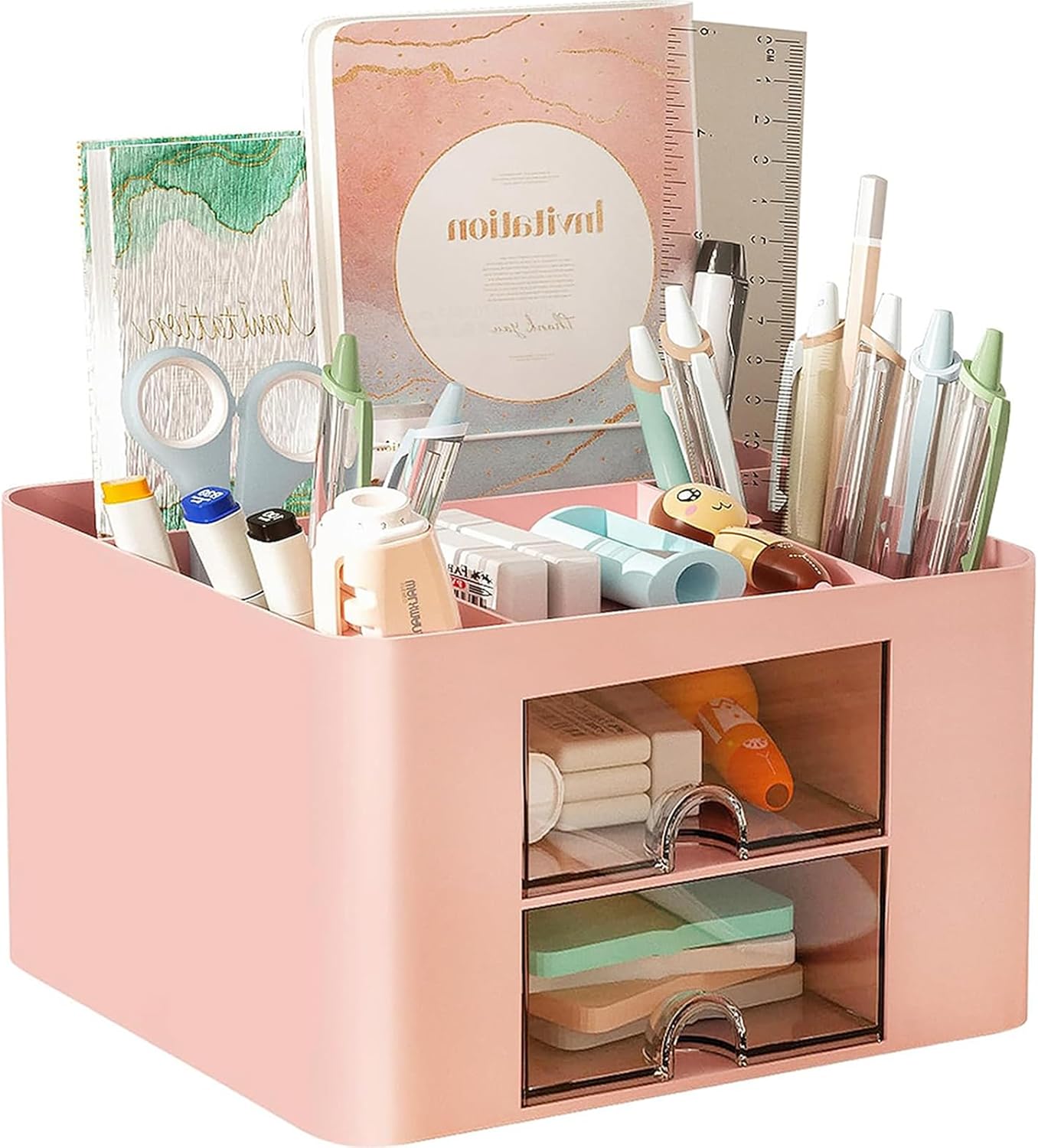 COMFYROOM Desk Organiser with 4 Compartments and 2 Drawers, Pen Holder for Desktop Storage, Makeup Organiser, Desk Organization and Accessories for School, Home, Office Supplies (Pink)