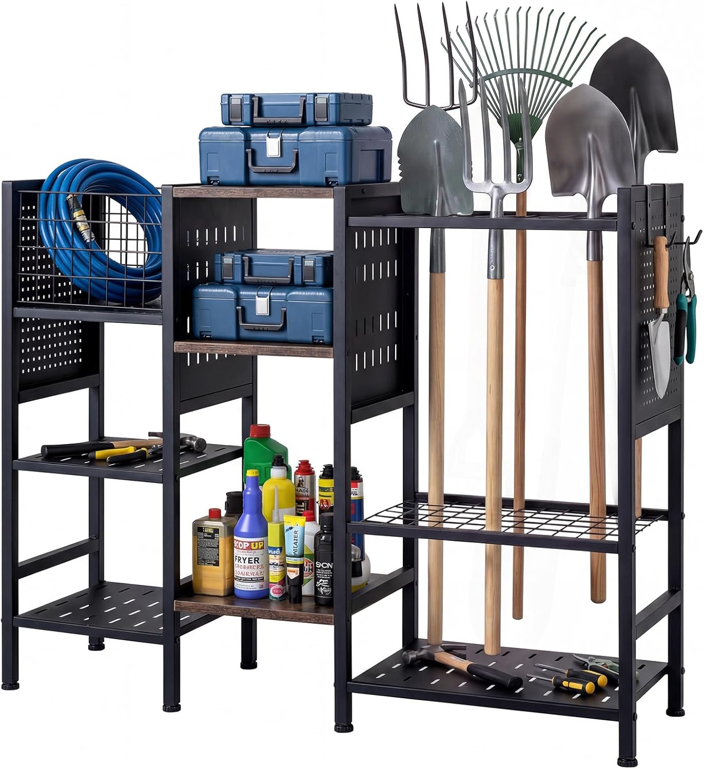 Costway 3-Tier Garden Tool Organizer w/Wooden Shelves, Tool Storage Holds up to 66 Long Handled Shovels, Rakes & Brooms, Yard Freestanding Storage Rack for Garage, Shed & Lawn