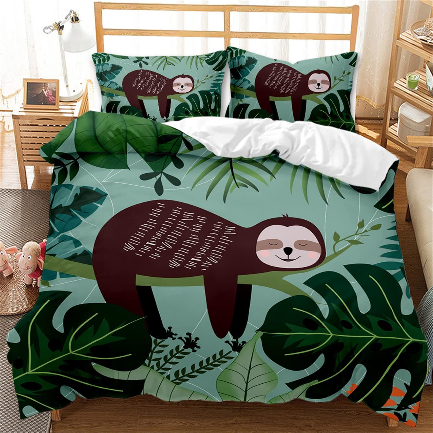 Eveone Cartoon Sloth Duvet Cover Small Animal Single/Double/Queen/King Size Bed Sheets Pillowcase Set Cute Full of Childlike Chic for Girls Boys Kids Bedding 2/3/4PCS (Single-140 * 210cm-3pcs,4)
