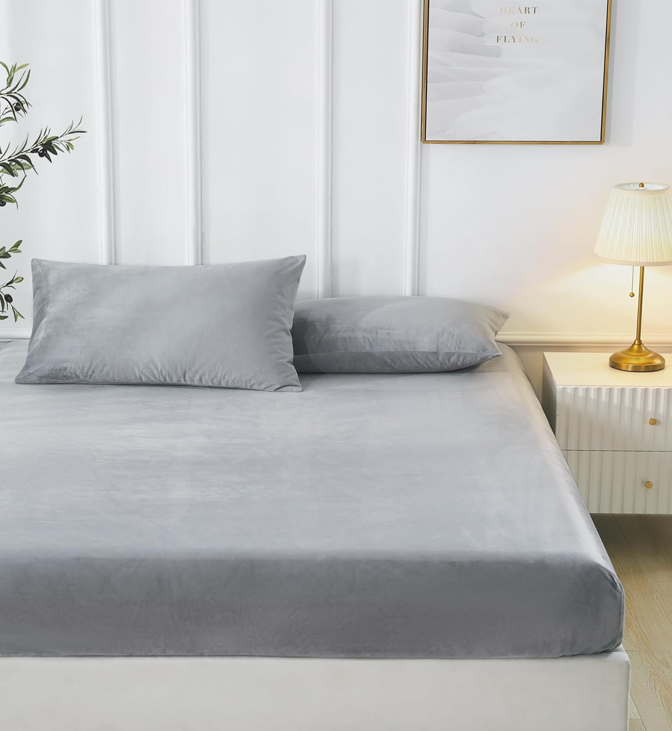 MuMullum Flannel Fitted Sheet Queen Size, Soft&Cozy Flannelette Sheets Set, Warm Teddy Fleece Bedding Set for Winter, Deep Pocket up to 40cm, Includes 1 Fitted Sheets & 2 Pillowcases (Grey)