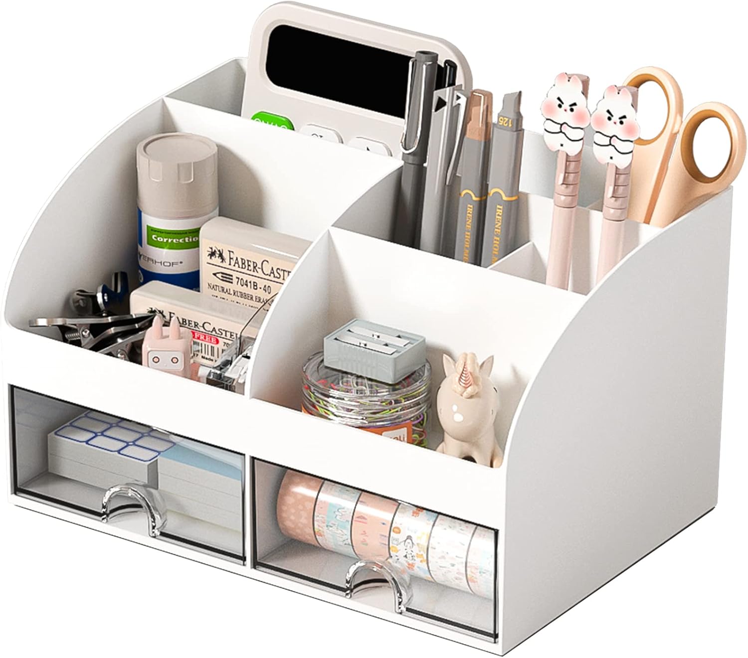 COMFYROOM Desk Organizer with 6 Compartments and 2 Drawers, Plastic Makeup Organizer, Pen Holder for Desktop Storage, Desk Organization for School, Home, Office Supplies (White)