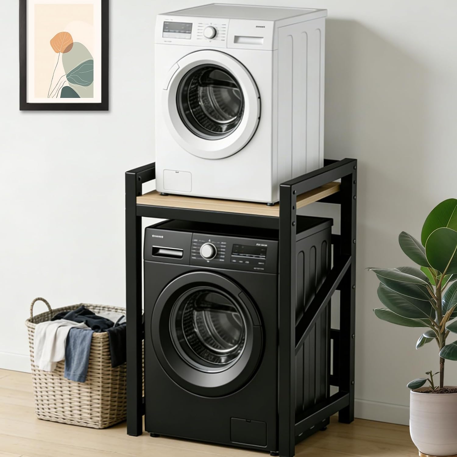 2-Tier Over Washing Machine Storage Rack,Washer Dryer Stacking Rack with Adjustable Shelves,Space Saver,Load Capacity 350kg, for Bathrooms Laundry Rooms Balconies (black)
