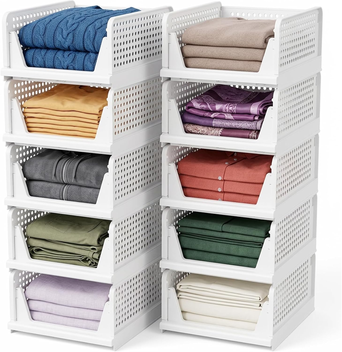 10 Packs Foldable Stackable Wardrobe Organiser Shelf Baskets,Plastic Storage Basket,Cabinet Partition Shelves, Organizer Storage Drawer for Living Room Bathroom Kitchen Office