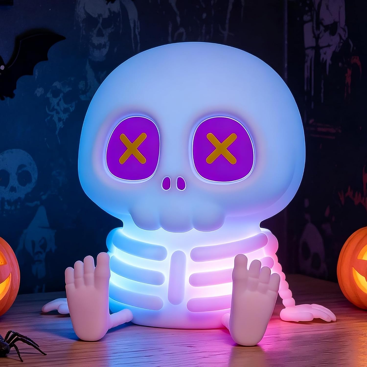 FULLOSUN Skull Night Light, Skeleton Silicone Touch Lamp Rechargeable, LED 8 Colors & Dimmable & Timer, Halloween Party Decor, Kids Gaming Room Gifts for Birthday Xmas