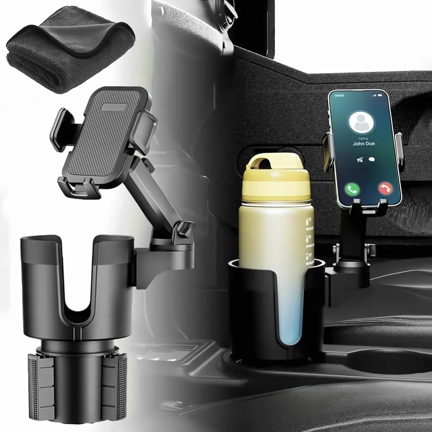 ZANZER Cup Holder Phone Mount, 2 in 1 Universal Phone Mount Expander with Adjustable Cup Holder, Long Arm 360° Rotation Holder for Cars & Smartphones and Microfiber Car Towel