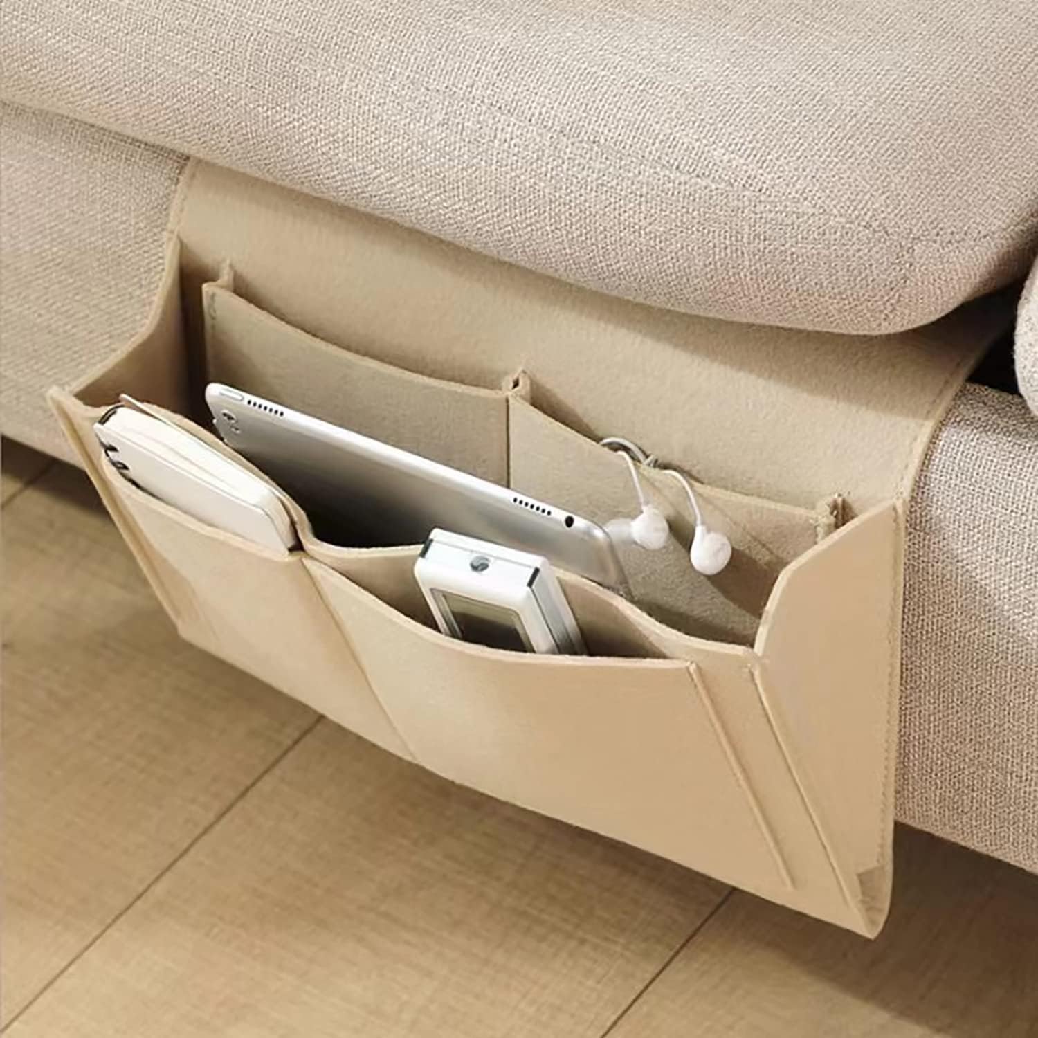 Felt Hanging Storage Bag Bedside Bed Pouch Desk Bag Storage Organizer for All kinds of Daily Accessories Bed Holder Pockets (Beige)