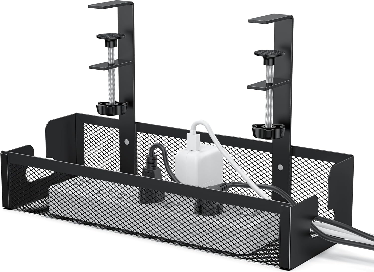 ACM01 Under Desk Cable Management Tray, No Drill Metal Mesh with Clamp Mount, 2 Hole Cord Organizer for Home Office Standing Desk, Black