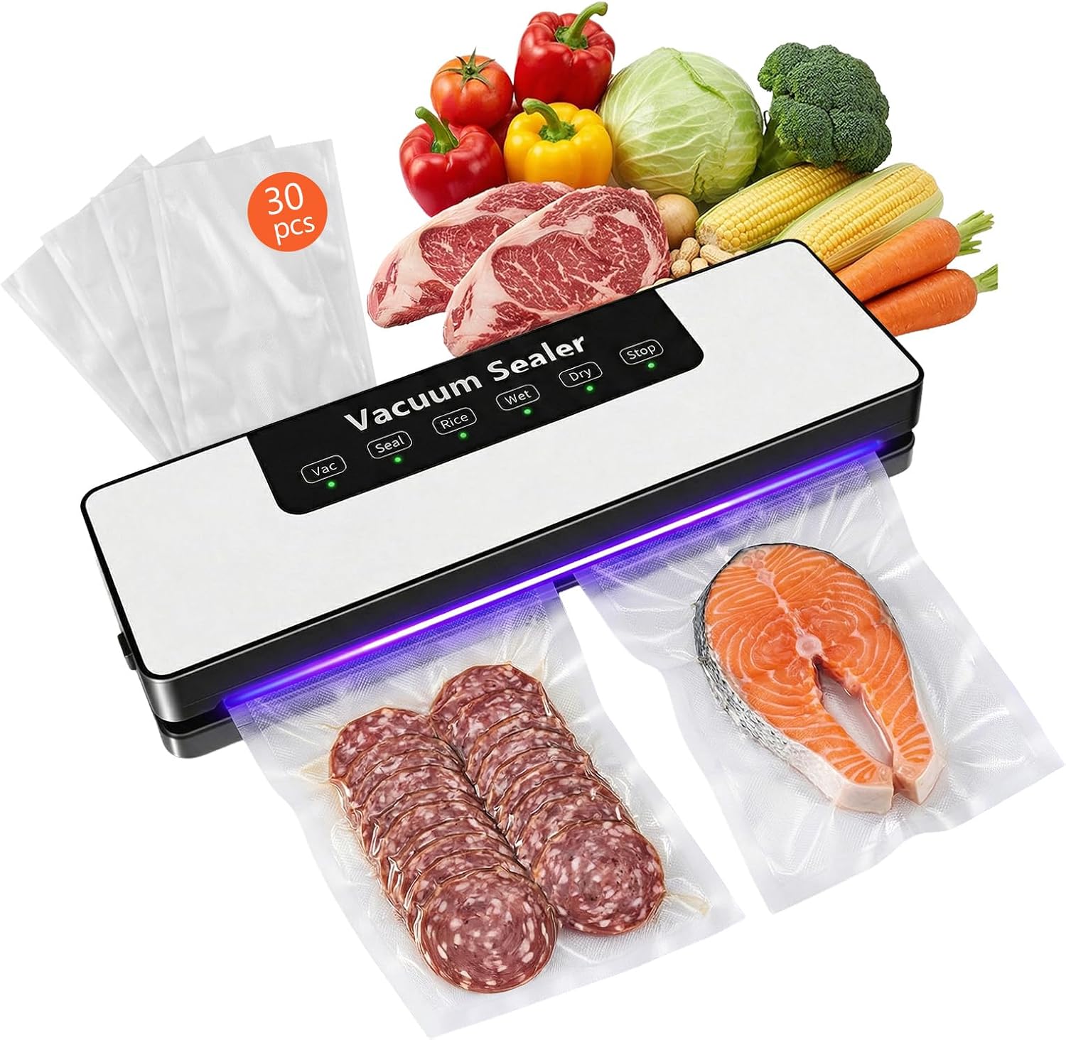 JEWOSTER Food Vacuum Sealer Machine, 6-in-1 Automatic Food Sealer with 30 Bags, Dry & Moist Modes, Detachable Base for Easy Cleaning, for Food Preservation & Storage