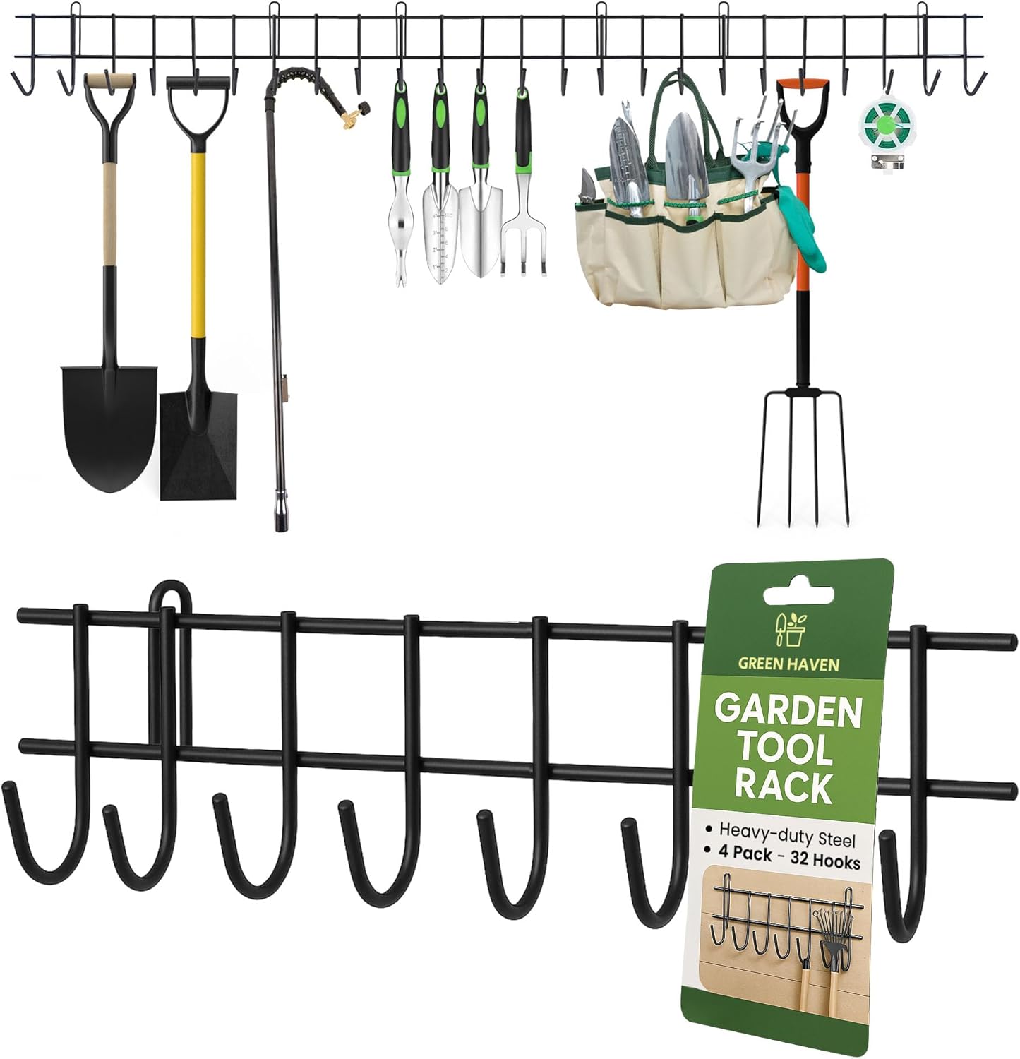 Green Heaven 160cm Garden Tool Storage Rack - Metal Wall Mounted Tool Organisers - Heavy-Duty Garage Storage Wall Racks - Tool Holder for Yard Tools, Shovels, Rakes, Broom, Mop, Hoses & Ropes