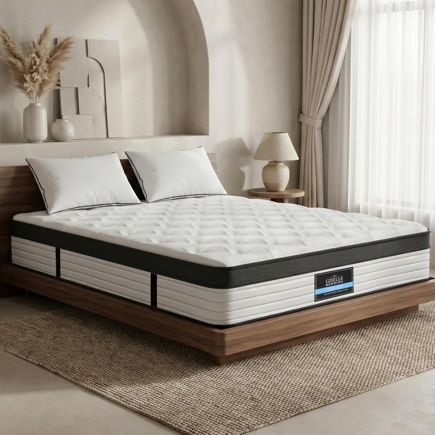 Giselle Bedding Queen Mattress Bed Foam Mattresses 31cm Thickness, with 5-Zone Pocket Spring System and Breathable Euro Top, 5Yrs Warranty, Medium Firm, White + Blackwith Vacuum Packed