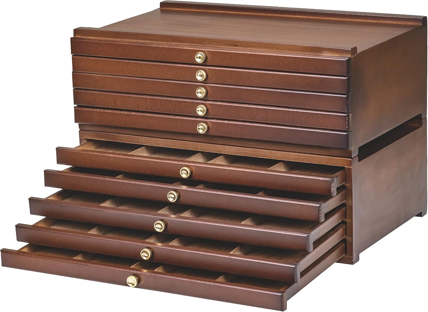 MEEDEN 10-Drawer Art Supply Storage Box - Large Capacity Multi-Function Beech-Wood Pencil Box with Drawer & Compartments for Organizing Pastels, Pencils, Pens, Markers, Brushes & Stamp, Walnut