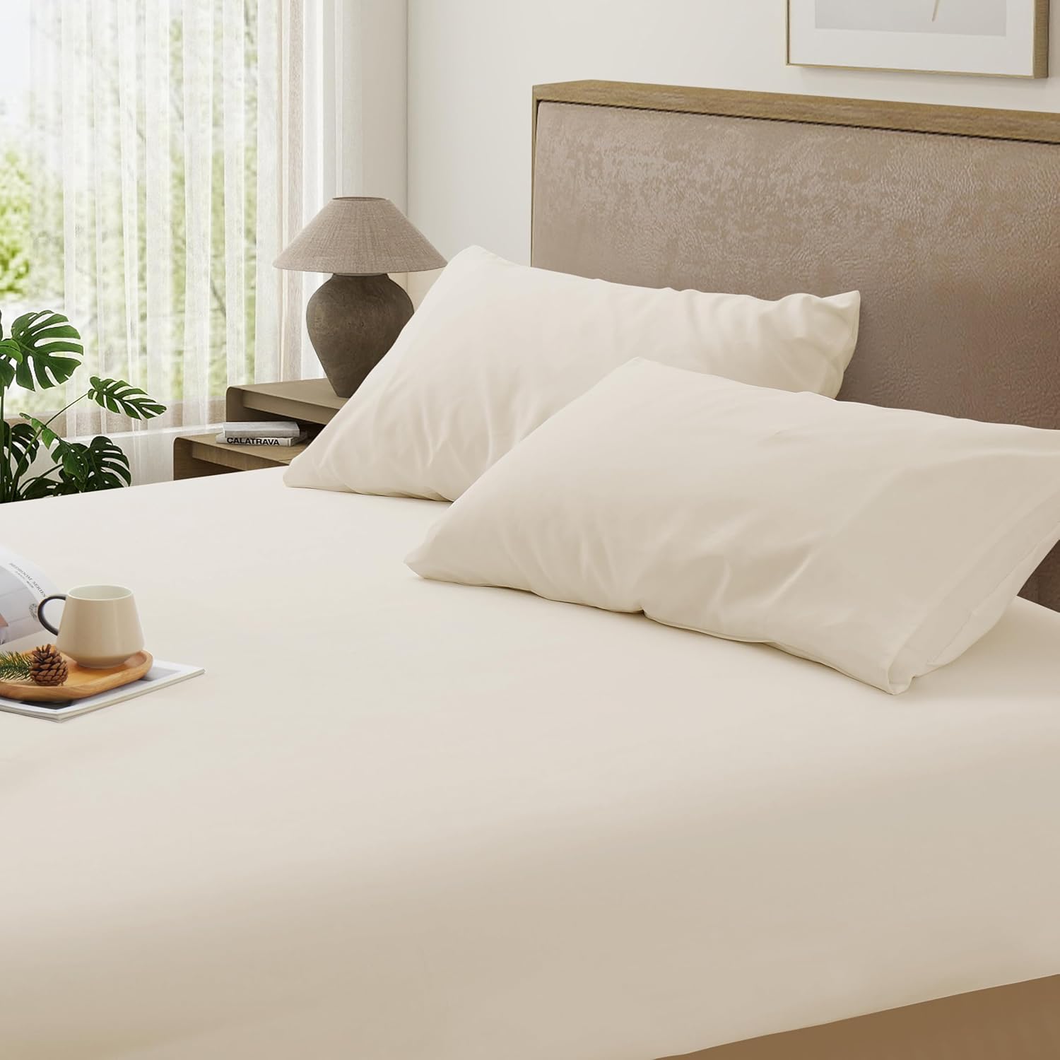 2 Piece King Single Sheet Set, 1200TC Breathable and Ultra Soft King Single Size Bed Sheets Set with 40cm Fitted Deep Pocket, 1 Bedding Fitted Sheet & 1 Pillowcase (Beige)