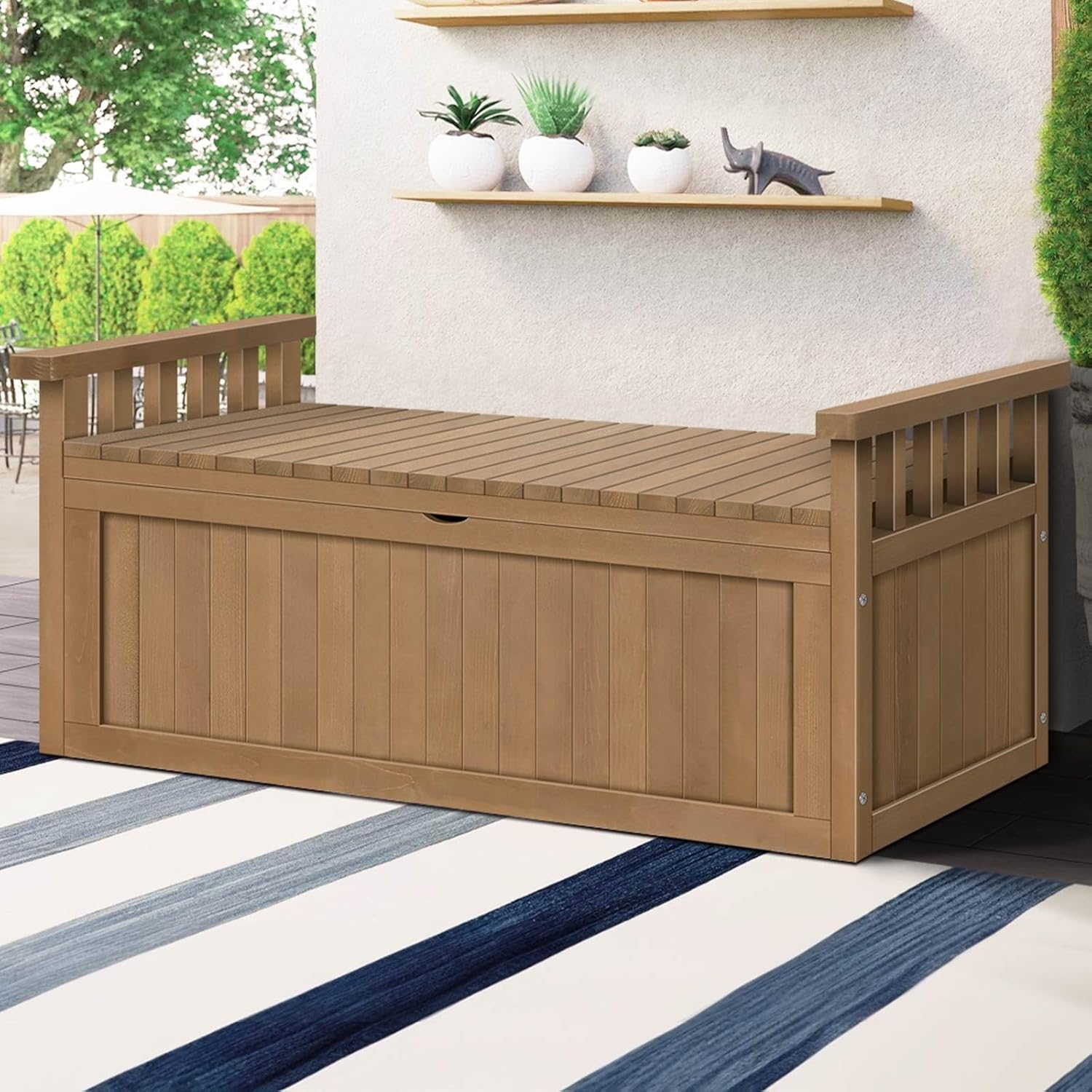 ALFORDSON Outdoor Wooden Bench Storage Box 200L Capacity, Durable Fir Wood Cabinet Garden Seatwith Tool Chest Toy Storages Container for Patio Garden Lawn Balcony, 320kg Weight Capacity Natural Color