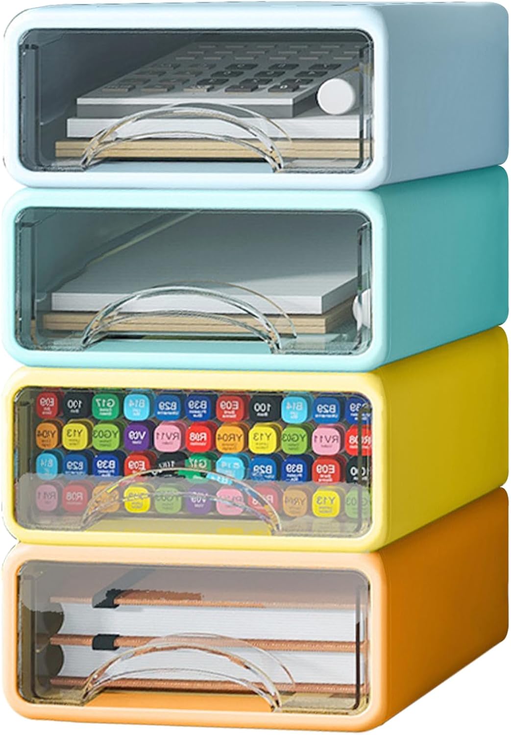 DAWNTREES Stackable Office Storage Box with Drawers｜ Desk Storage Box with 4 Drawers｜Organize desk accessories Plastic desktop storage box (Color 4S)