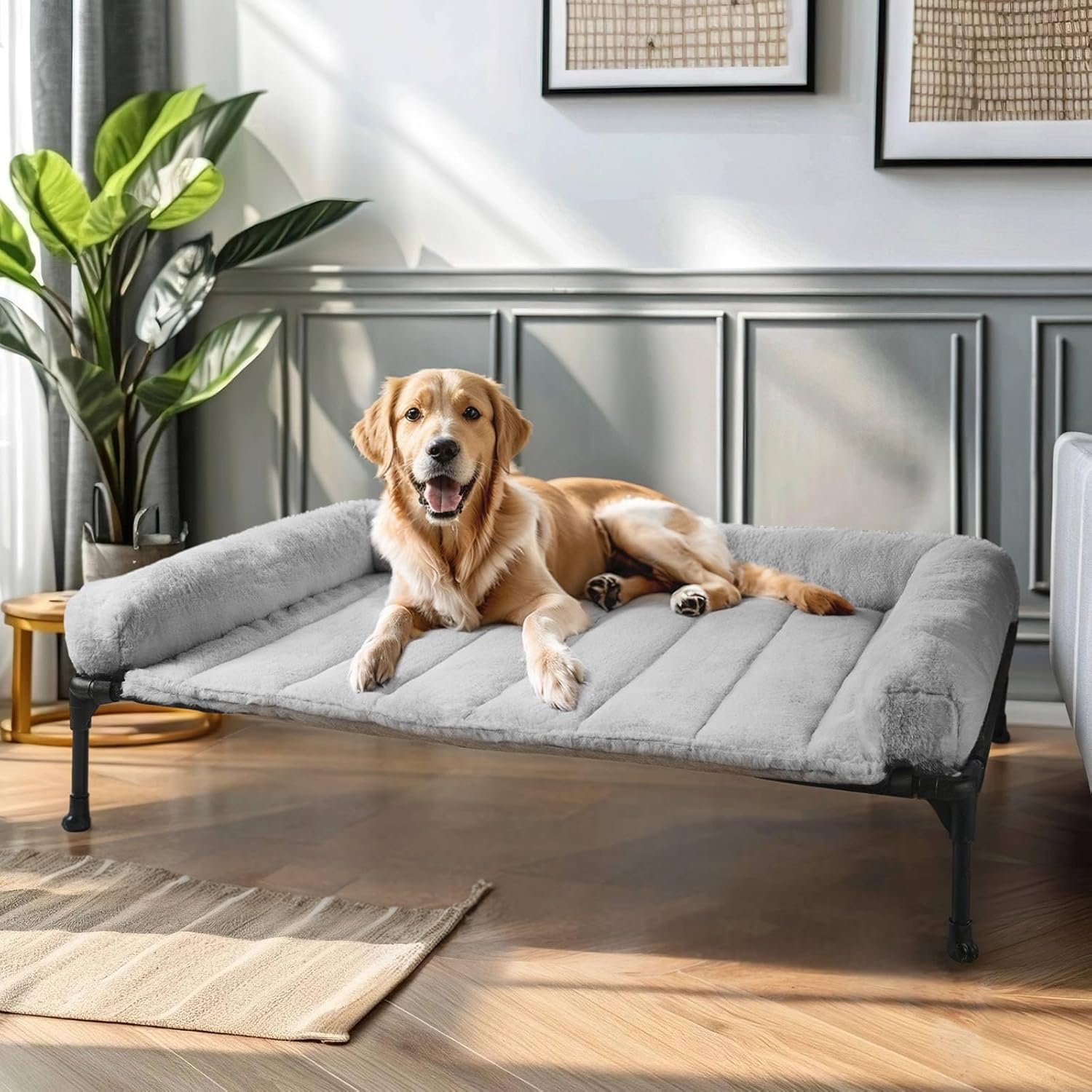Veehoo Elevated Large Dog Bed + Removable Fluffy Plush Pillow Cushion, Raised Dog Couch Bed with Washable Bolster Mat, Breathable Teslin Mesh, No-Slip Feet, 107 x 76 cm, Grey