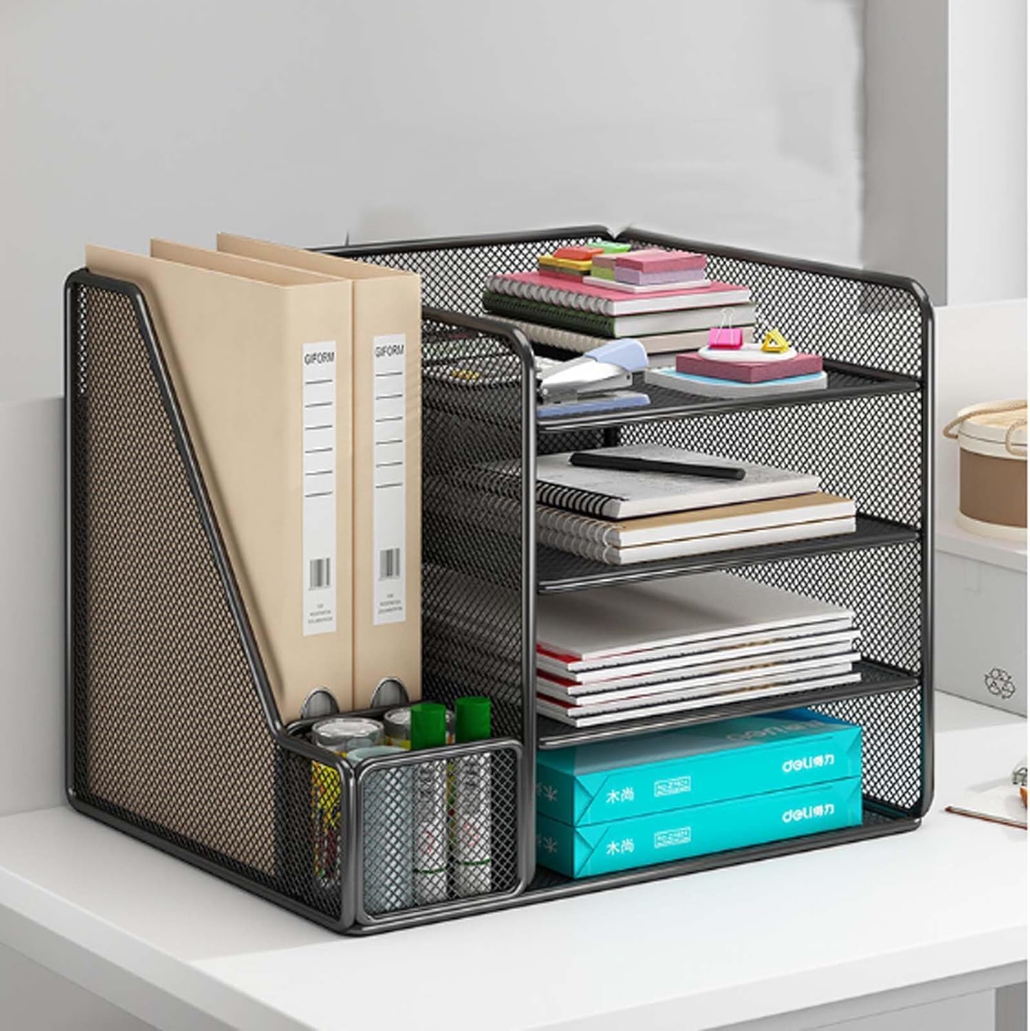 Metal Desk Organizers,4-Tier Paper Letter Tray Organizer with File Holder,Tierstationary organiser,Desktop Organizer for Office Supplies,for Office,Home or School,No assembly required(Black)