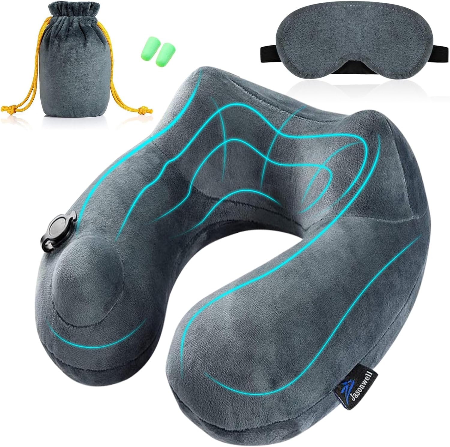 Jasonwell Inflatable Travel Pillow Loosens Neck Support Travel Neck Pillow Inflatable Airplane Long Flight Train car Office with Tote Bag and Sleeping Eye mask