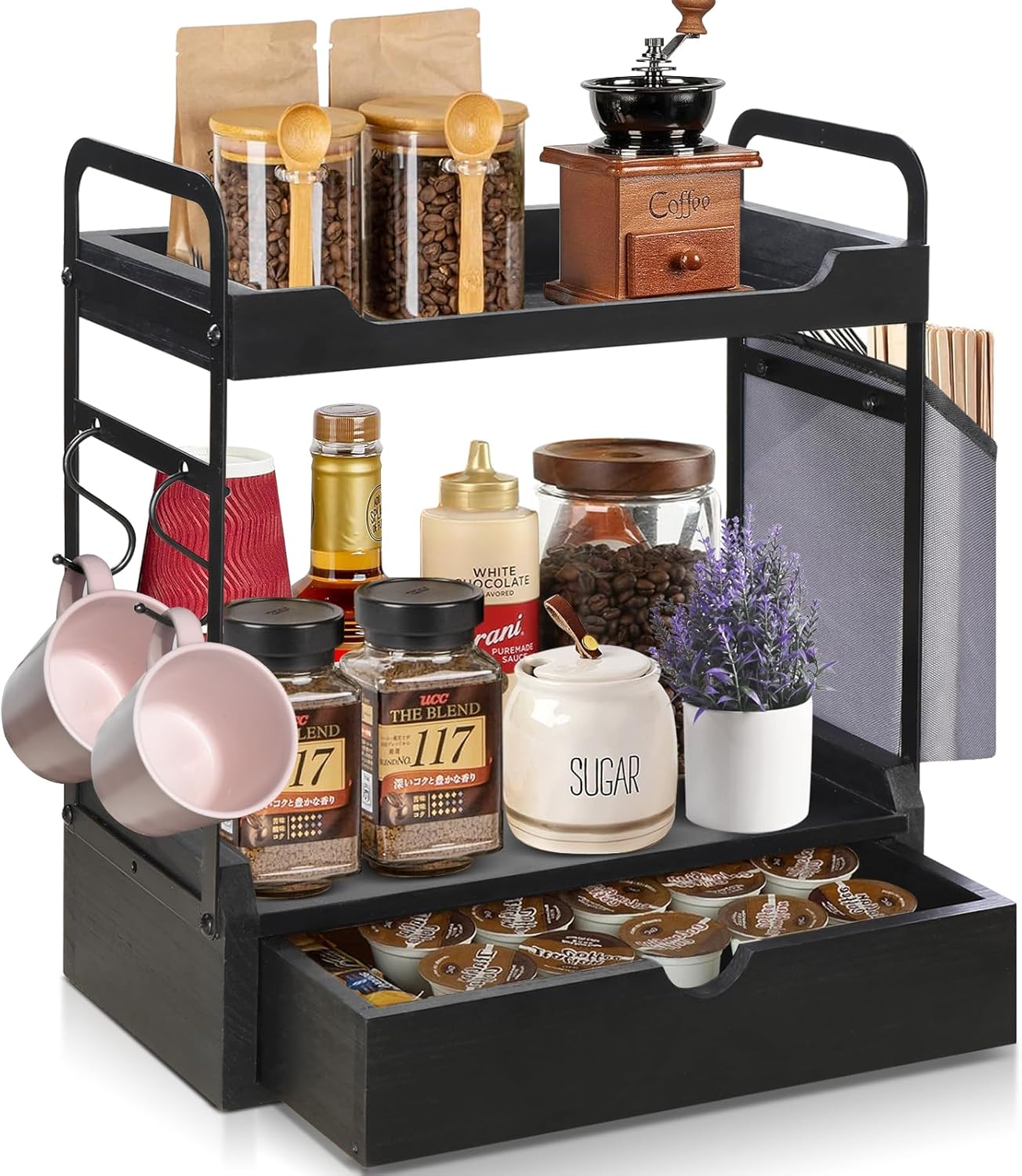 Coffee Bar Accessories and Organizer, 2-Tier Coffee Station Organizer, Wood Kitchen Countertop Organizer with Bag and Hooks, Coffee Pod Holder for Coffee Bar Decor, Syrup Snack Organizer